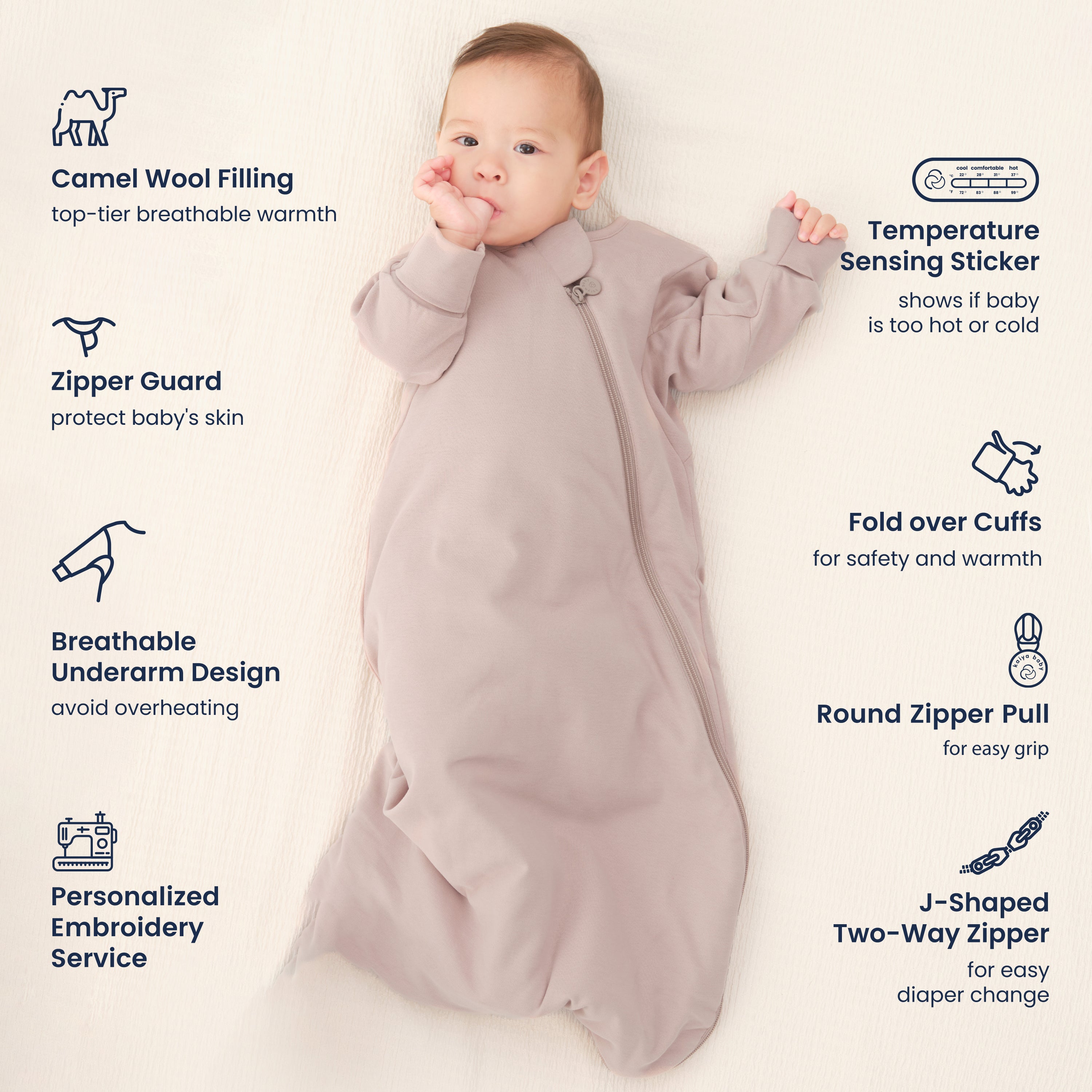 Warm Long Sleeve Sleep Sack 2.5 TOG - Organic Cotton & Camel Wool - Dusty Pink