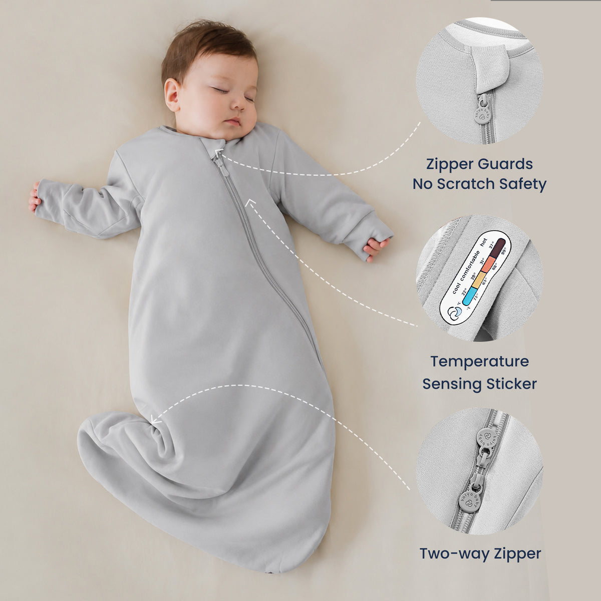 Warm Long Sleeve Sleep Sack 2.5 TOG - Organic Cotton & Camel Wool - Light gray