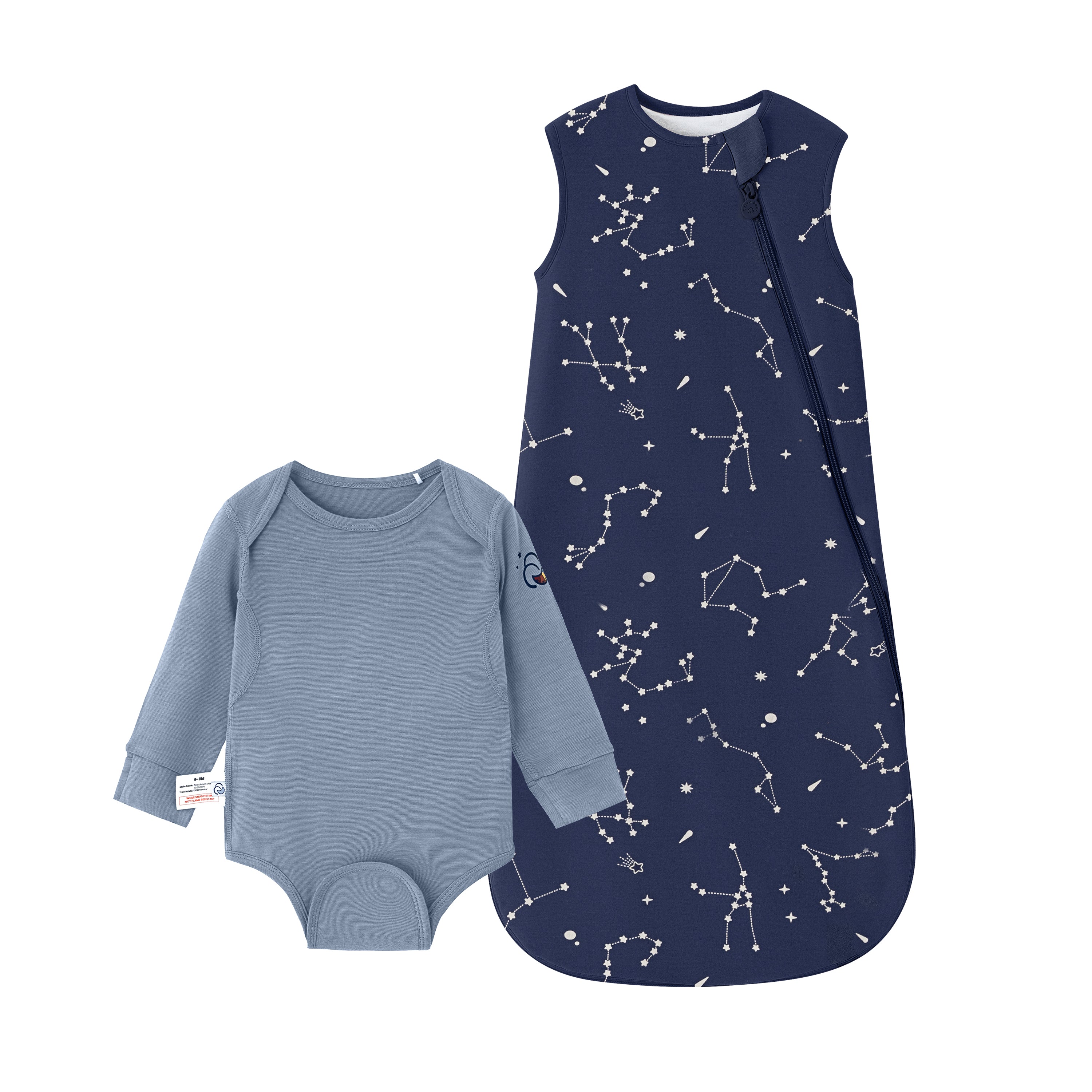 Sleeveless Sleep Sack 1.0 TOG - Organic Cotton & Camel Wool -Constellation+ClimaCuddle™ Baby Bodysuit - Merino Wool & Rayon Bamboo-Misty Blue Bundle