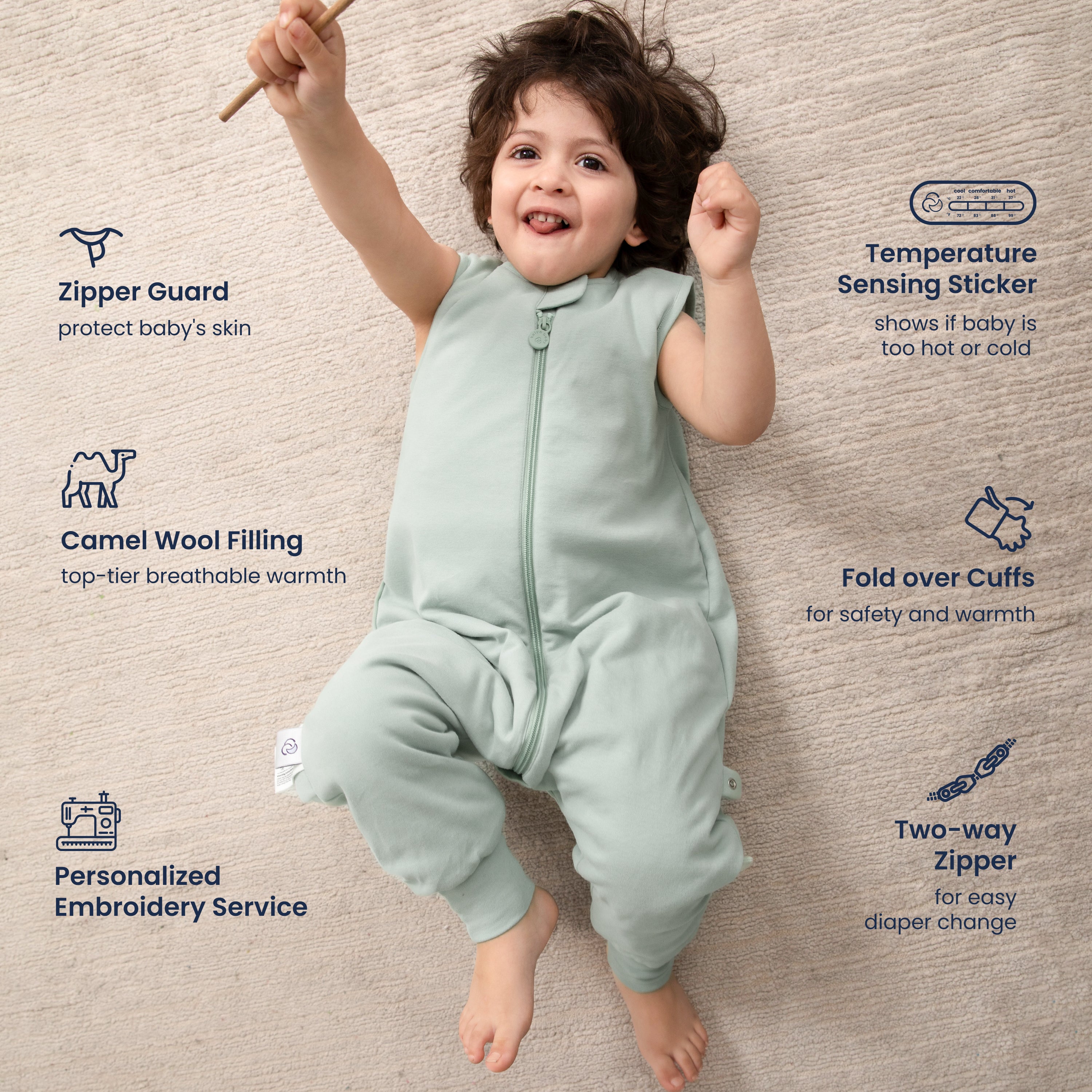 All Season Sleeveless Sleep Sack Walker 1.0 TOG - Organic Cotton & Camel Wool - Pea Green