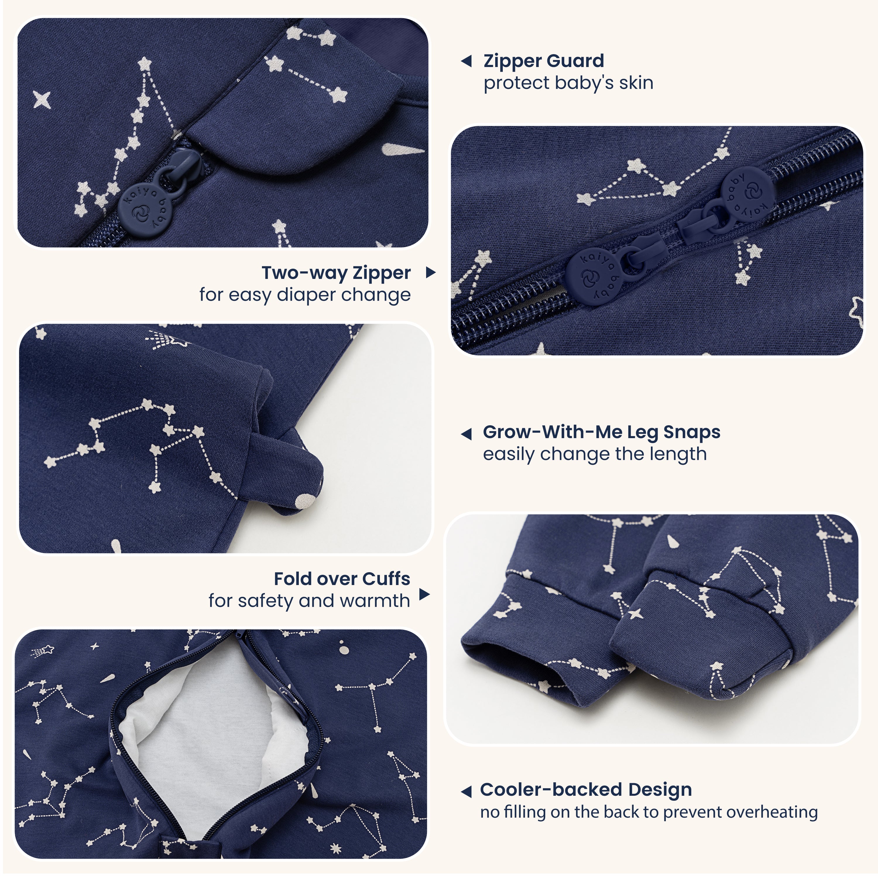 All Season Long Sleeve Sleep Sack Walker 1.0 TOG - Organic Cotton & Camel Wool - Constellation