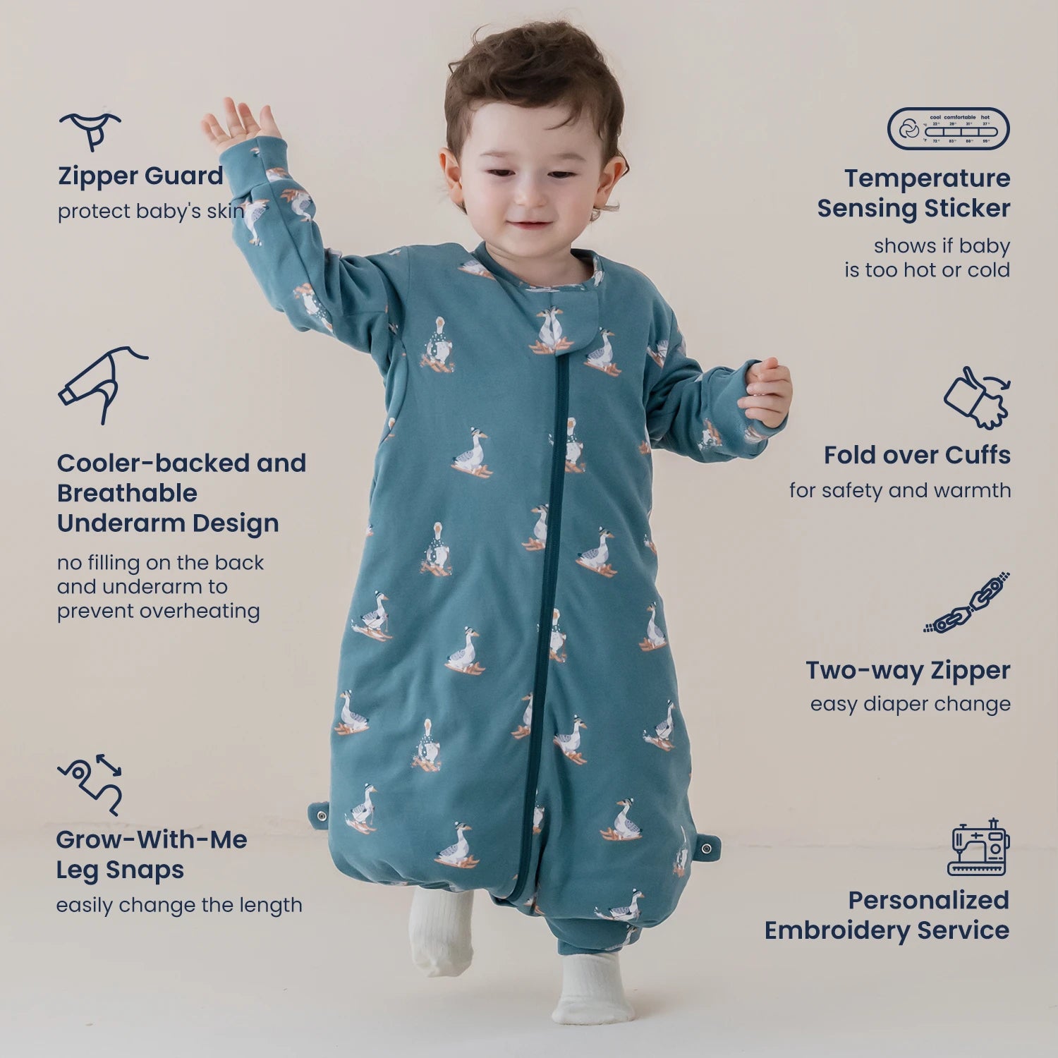 Organic Cotton & Camel Wool Long Sleeve Sleeping Bag With Legs 1.0 TOG - Constellation