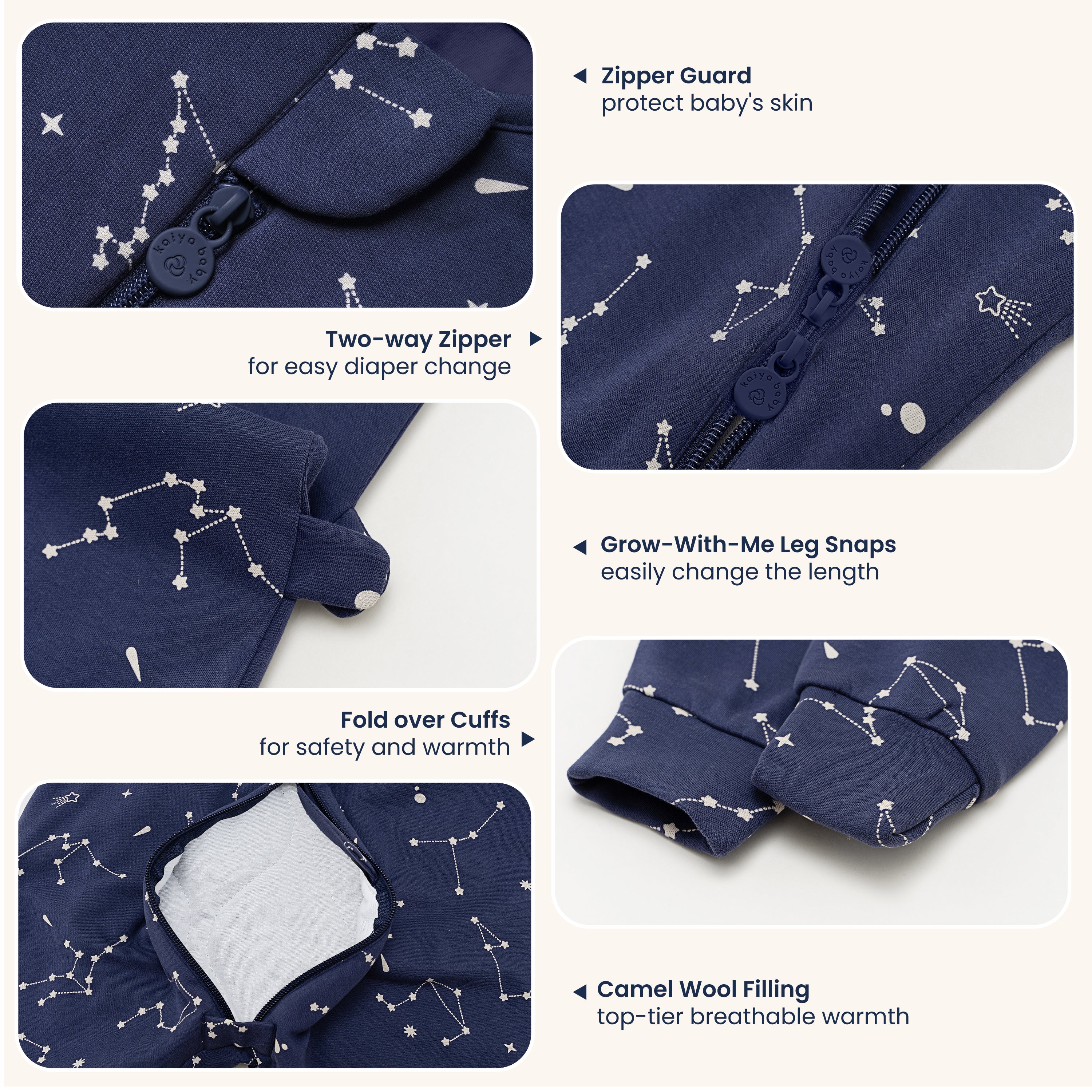 Warm Long Sleeve Sleep Sack Walker 2.5 TOG - Organic Cotton & Camel Wool - Constellation