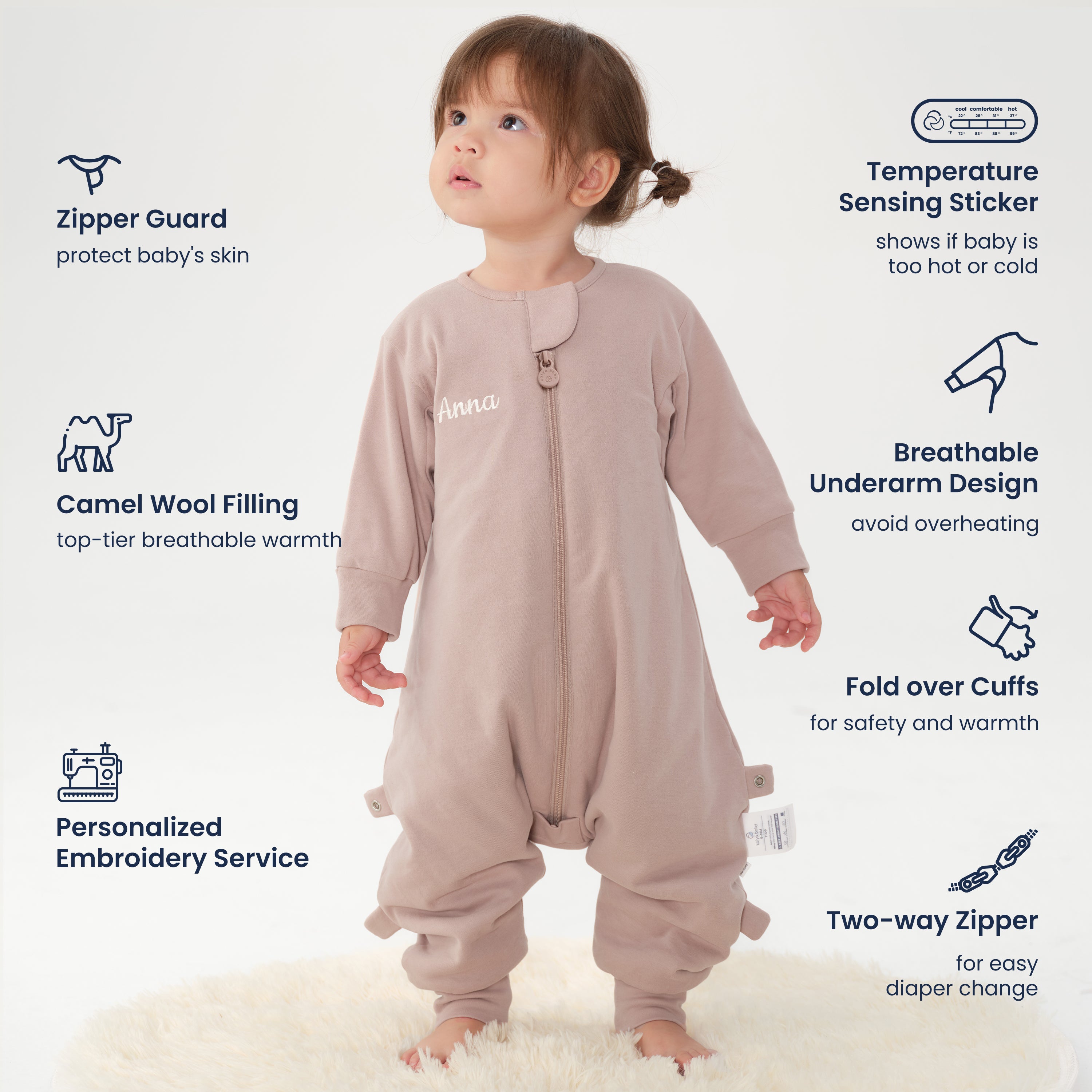 Warm Long Sleeve Sleep Sack Walker 2.5 TOG - Organic Cotton & Camel Wool - Dusty Pink