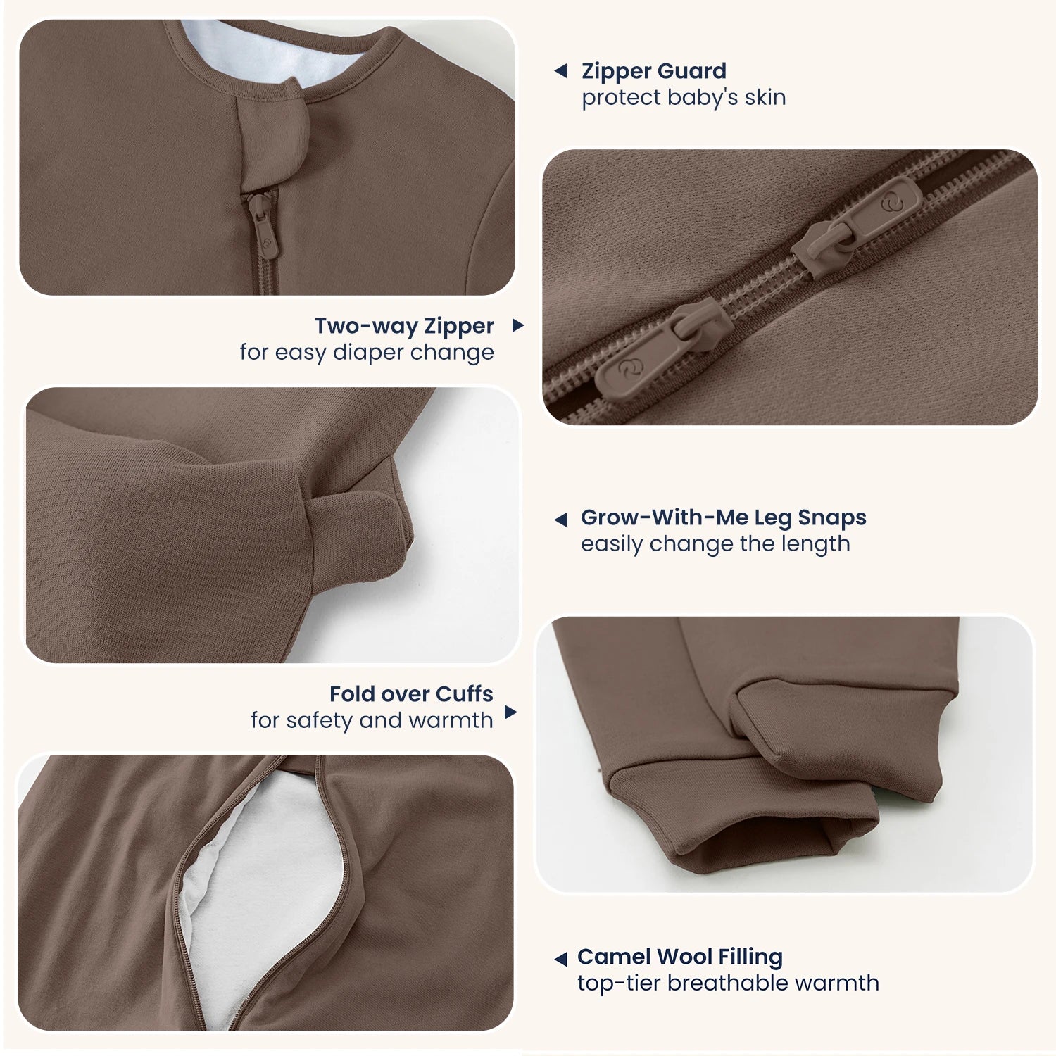 Warm Long Sleeve Sleep Sack Walker 2.5 TOG - Organic Cotton & Camel Wool - Mocha Brown
