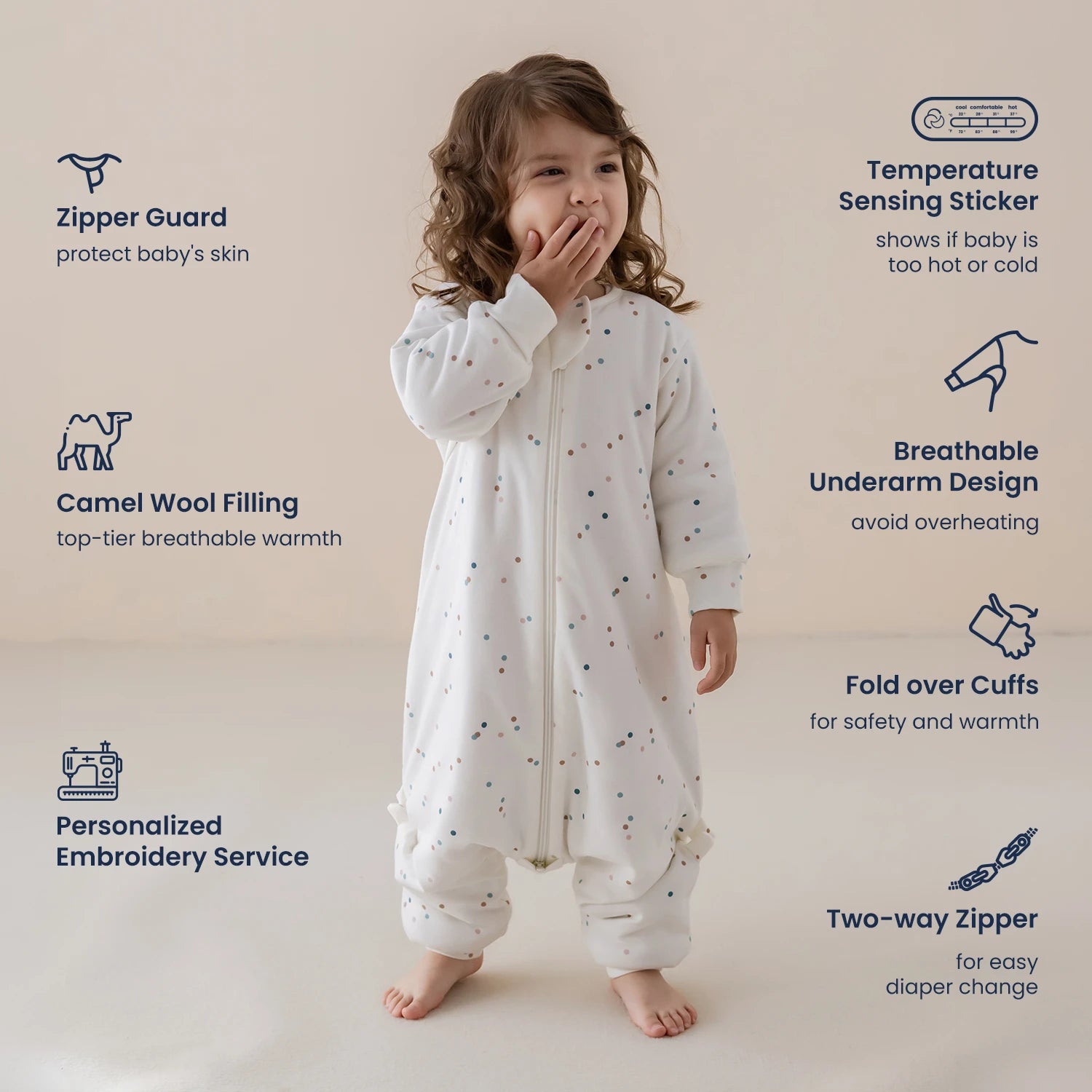 Warm Long Sleeve Sleep Sack Walker 2.5 TOG - Organic Cotton & Camel Wool - Spark Dots