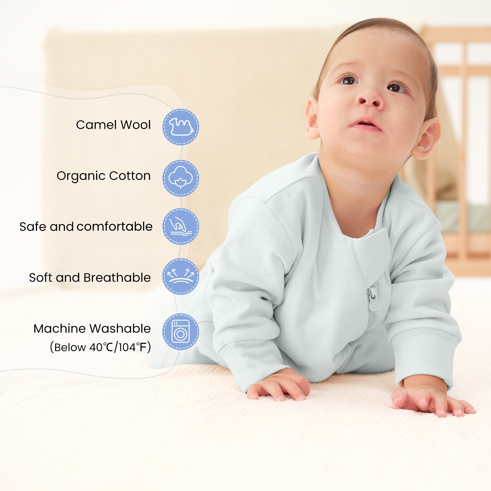 All Season Long Sleeve Sleep Sack 1.0 TOG - Organic Cotton & Camel Wool - Baby Blue