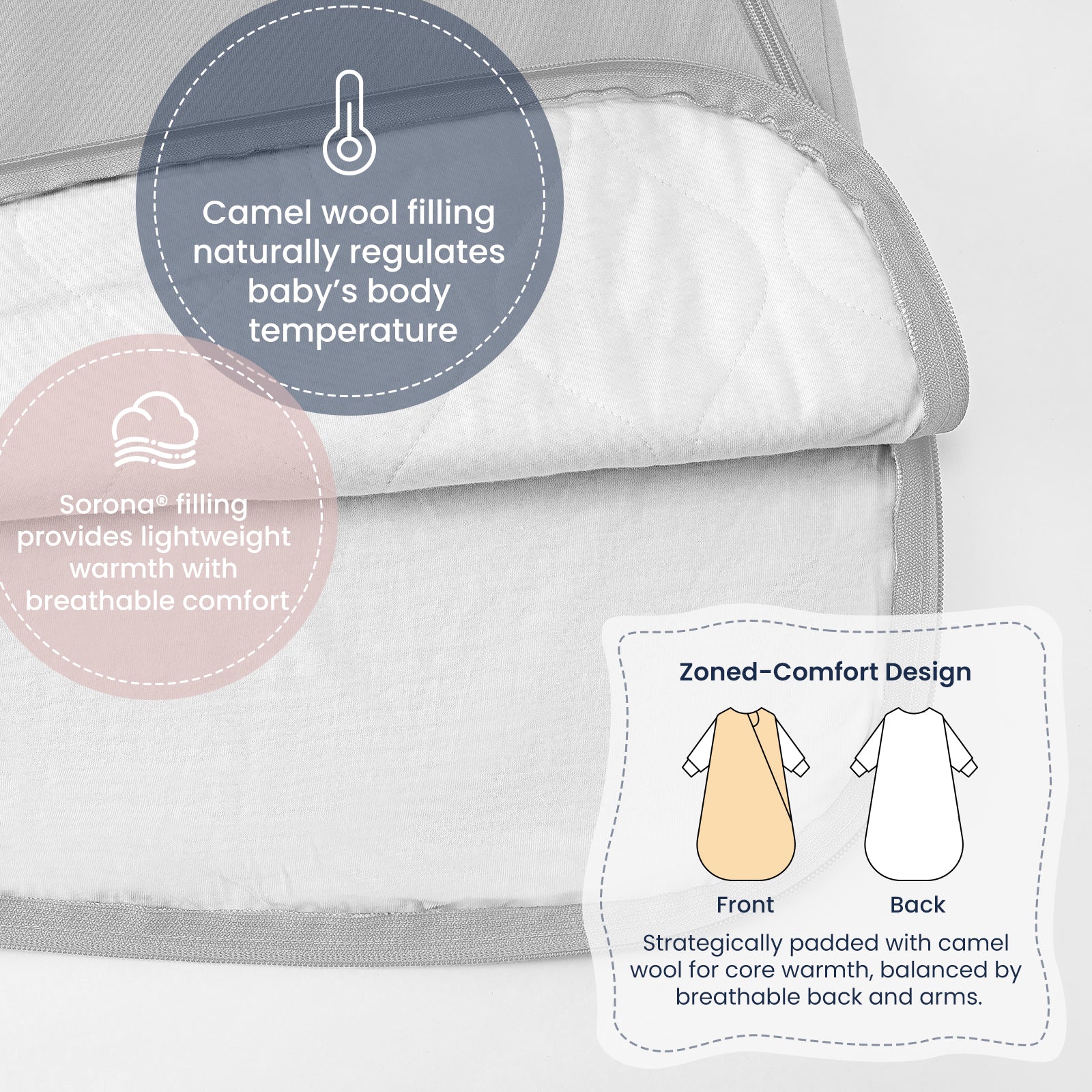 All Season Long Sleeve Sleep Sack 1.0 TOG - Organic Cotton & Camel Wool - Stone Gray