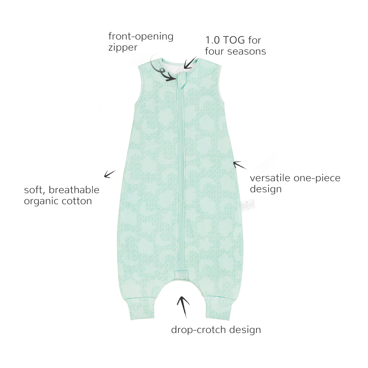 Organic Cotton Sleeveless Zip Sleep sack with legs 1.0 TOG - Mint Sky