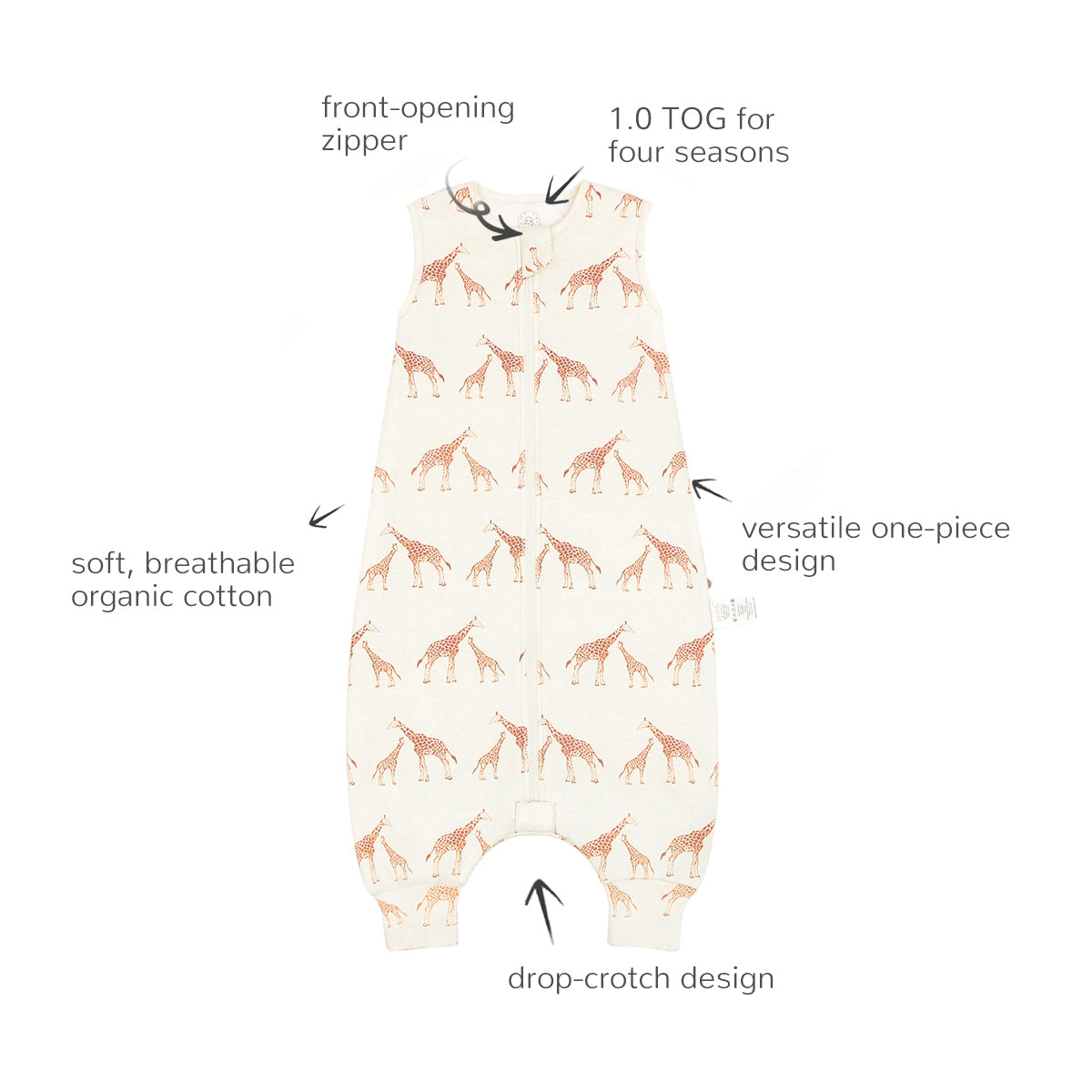 Organic Cotton Sleeveless Zip Sleep sack with legs 1.0 TOG - Giraffe