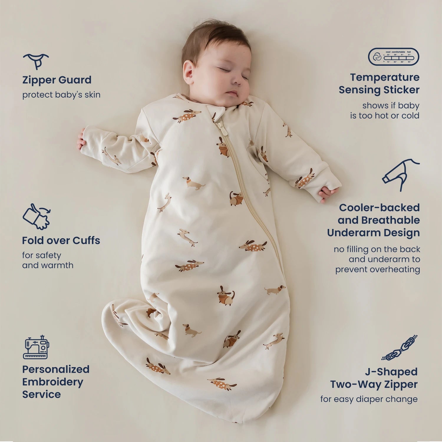 All Season Long Sleeve Sleep Sack 1.0 TOG - Organic Cotton & Camel Wool - Sunny Pup Design
