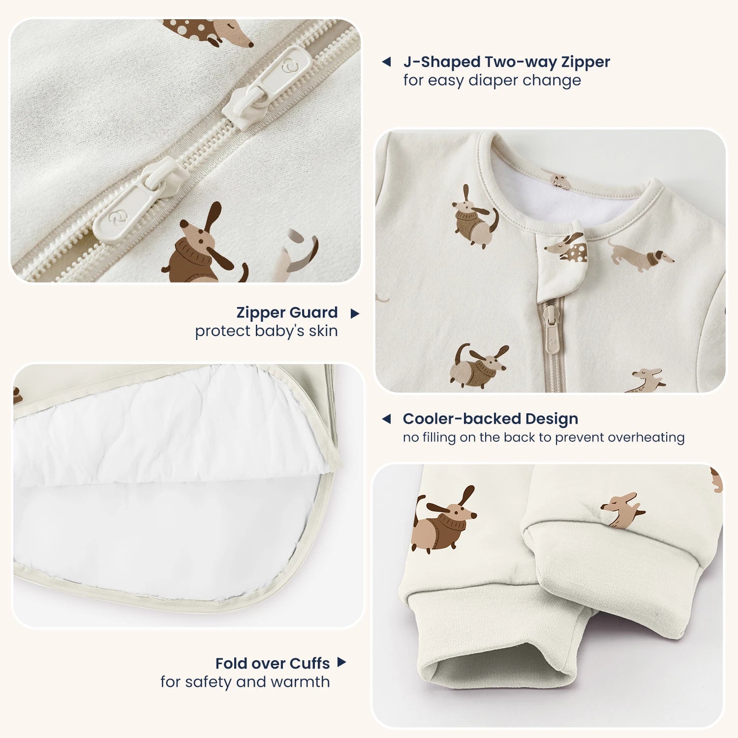 All Season Long Sleeve Sleep Sack 1.0 TOG - Organic Cotton & Camel Wool - Sunny Pup design