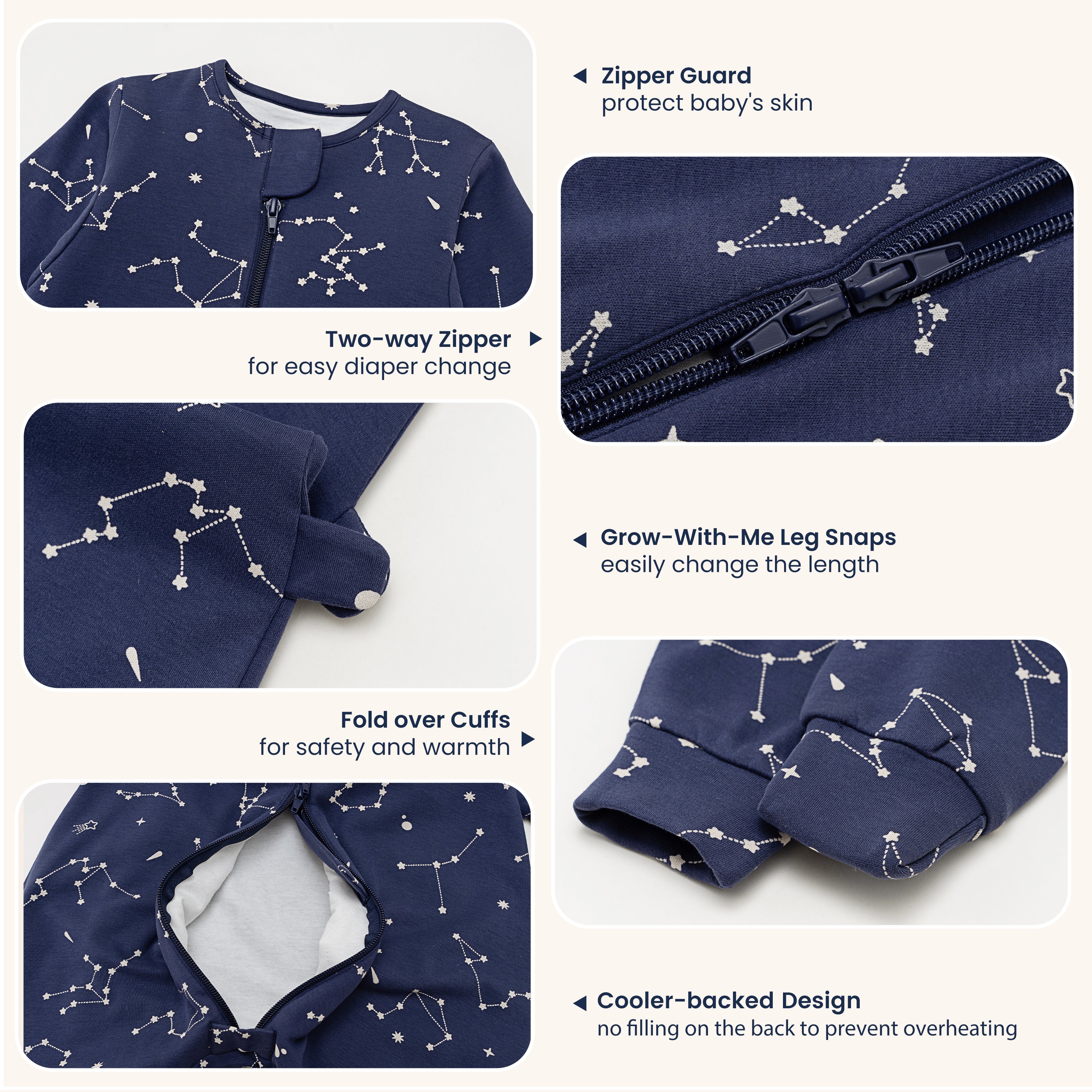 All Season Long Sleeve Sleep Sack Walker 1.0 TOG - Organic Cotton & Camel Wool - Constellation-4