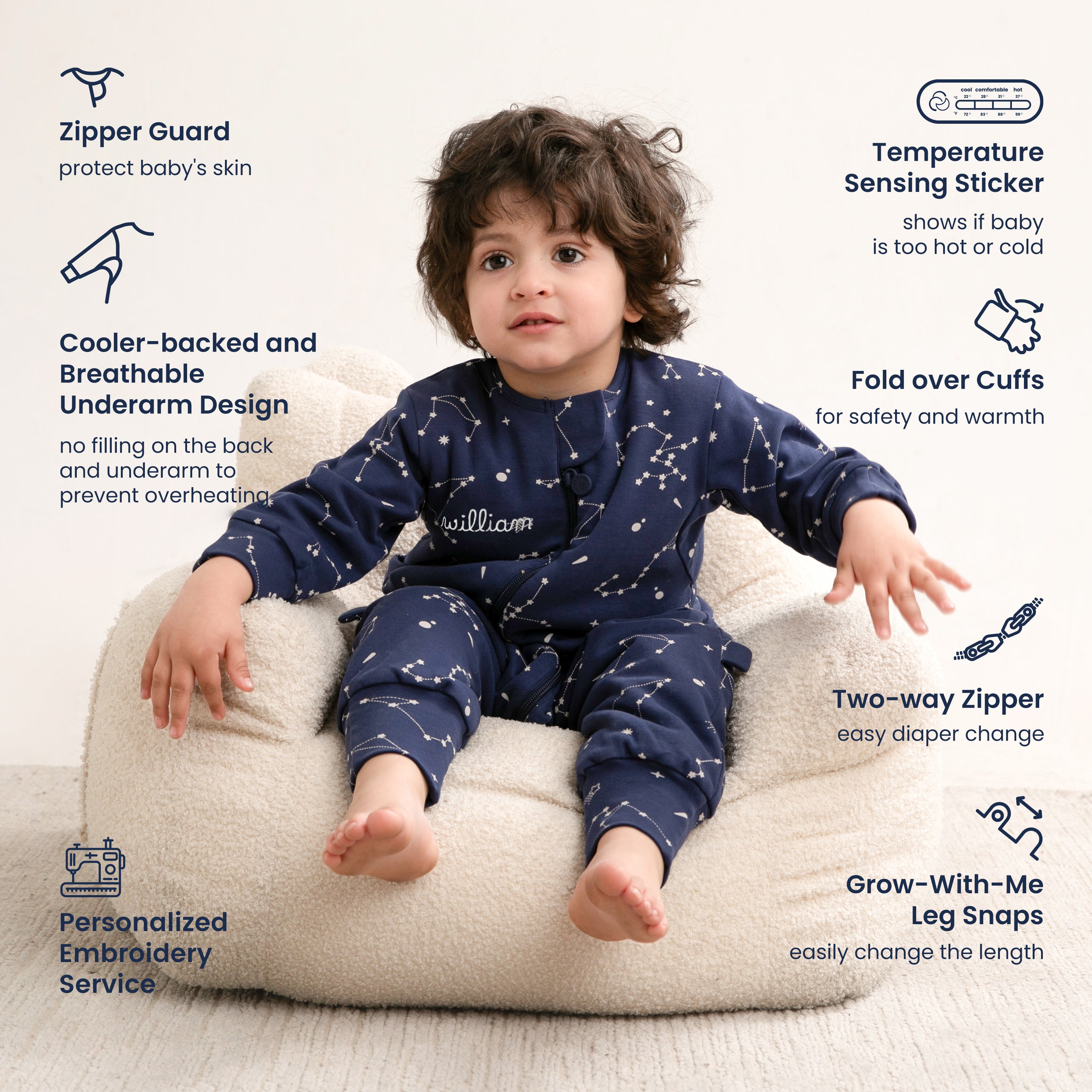 All Season Long Sleeve Sleep Sack Walker 1.0 TOG - Organic Cotton & Camel Wool - Constellation