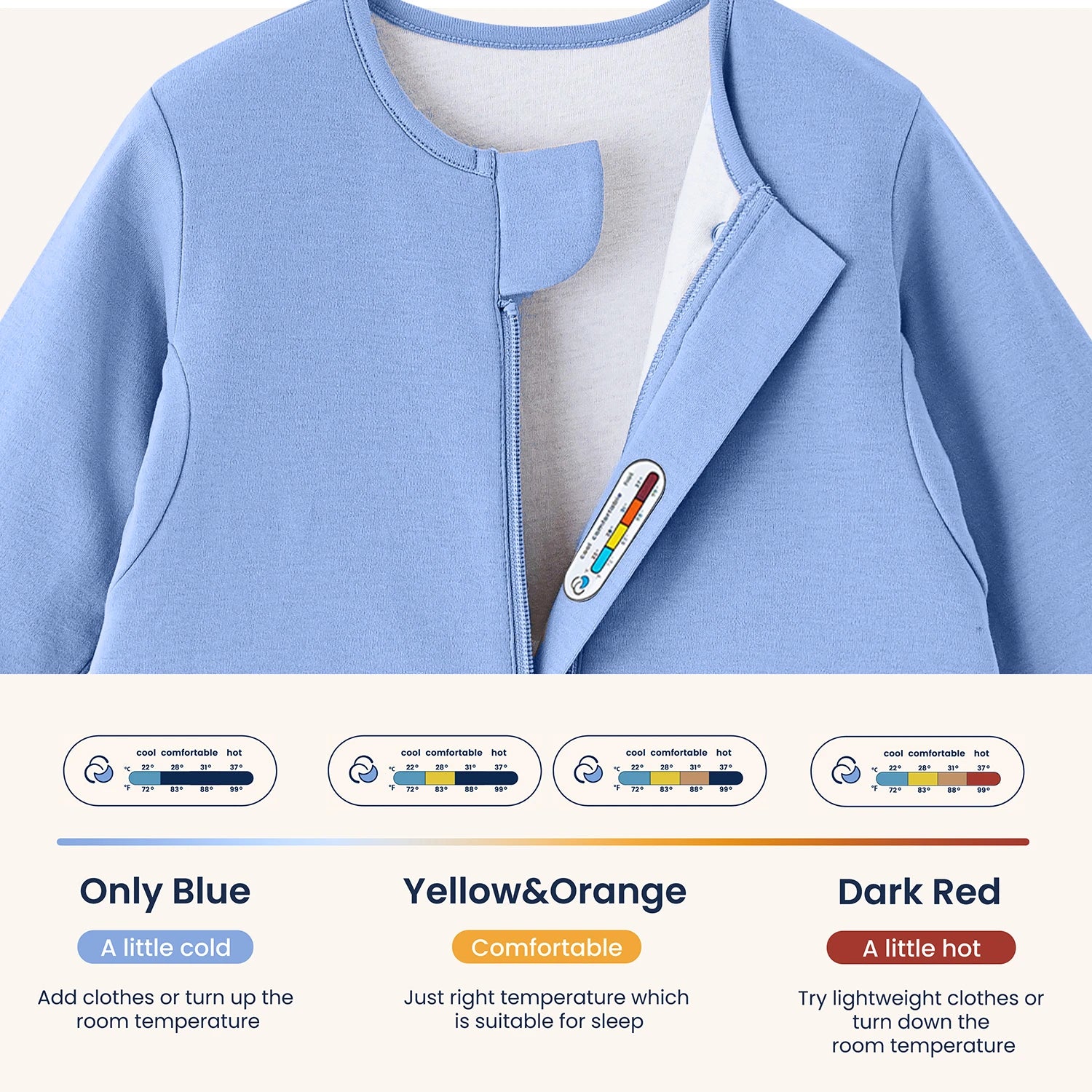All Season Long Sleeve Sleep Sack Walker 1.0 TOG - Organic Cotton & Camel Wool - Quiet Sky-temperature sticker