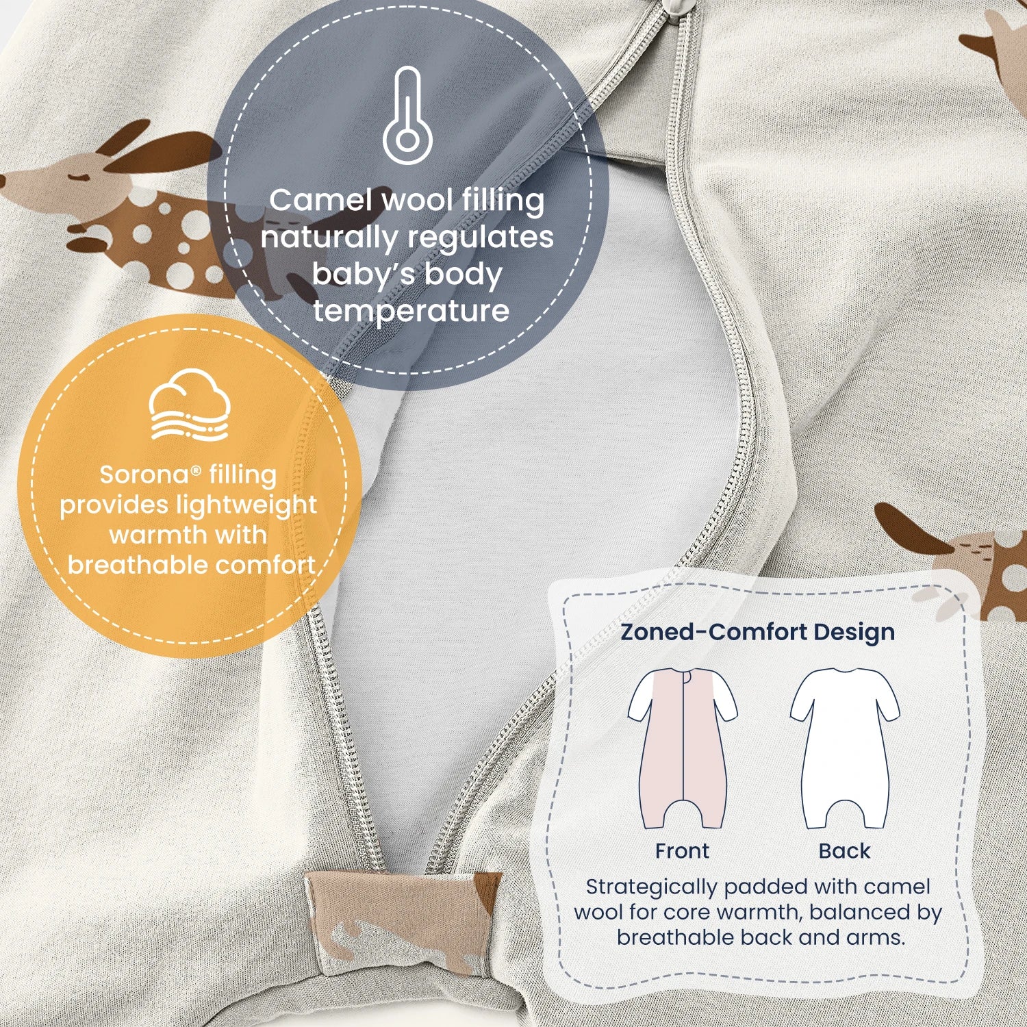 All Season Long Sleeve Sleep Sack Walker 1.0 TOG - Organic Cotton & Camel Wool - zoned-comfort design