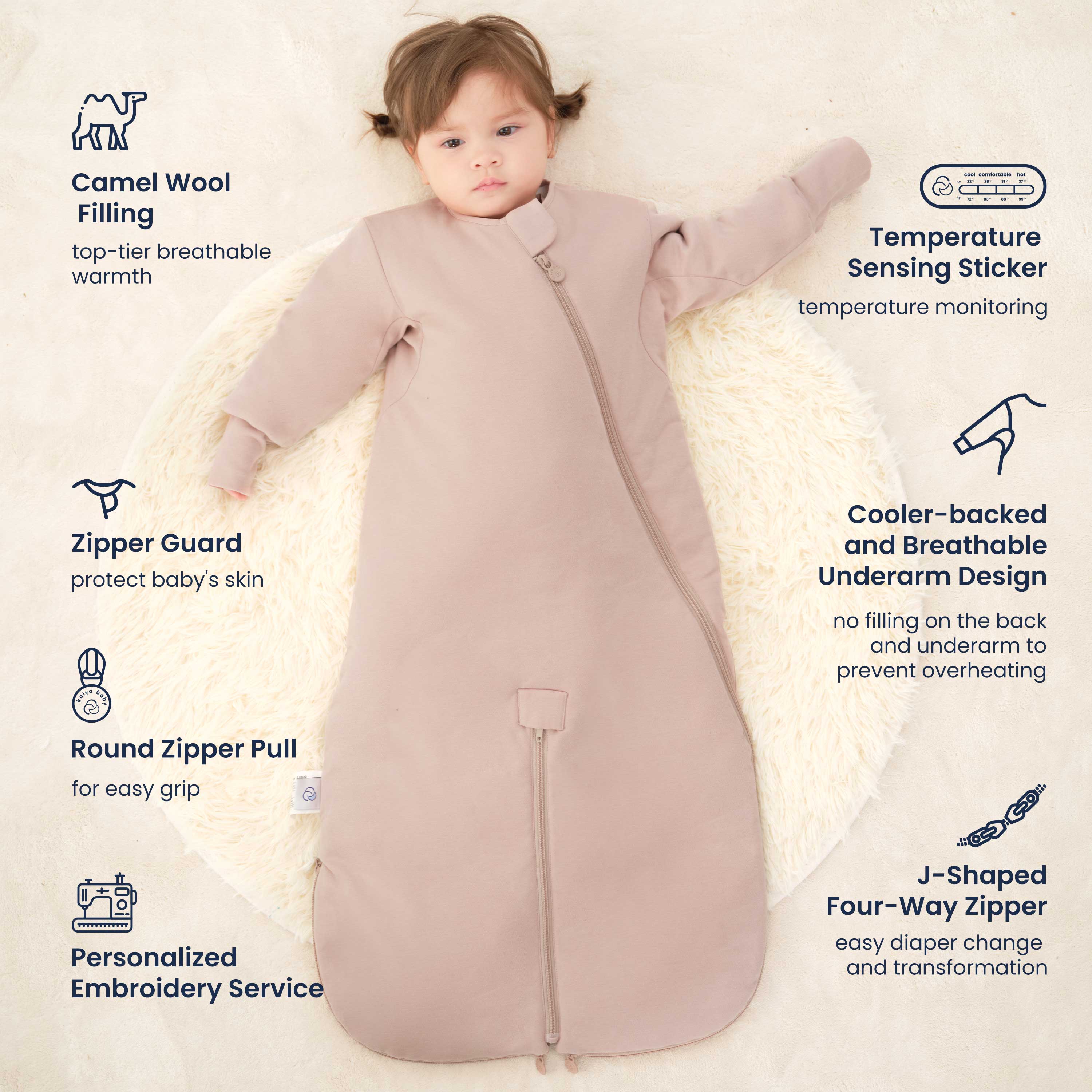 All Season Sleep Suit Sack 3-in-1 1.0 TOG - Organic Cotton & Camel Wool - Dusty Pink