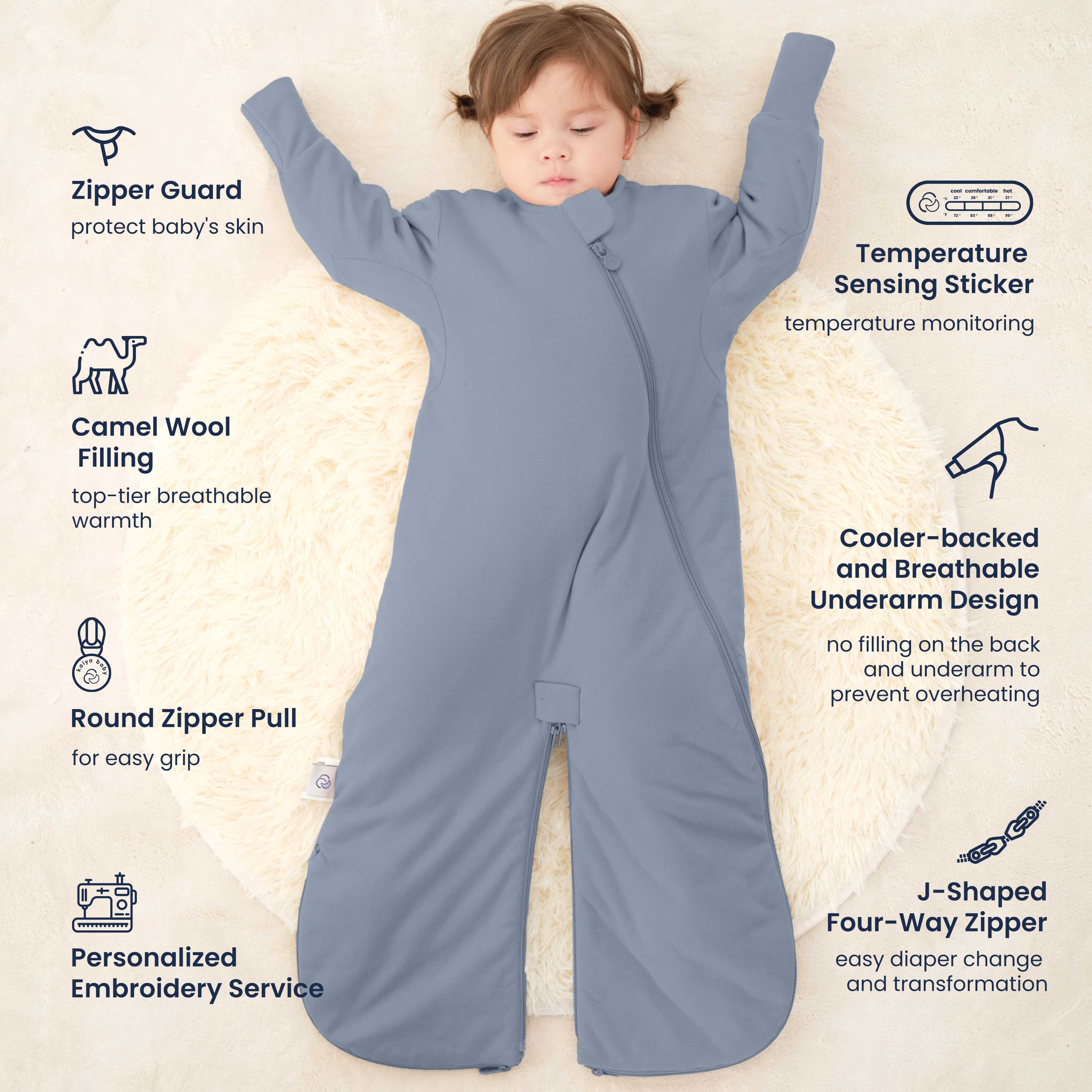 All Season Sleep Suit Sack 3-in-1 1.0 TOG - Organic Cotton & Camel Wool - Misty Blue