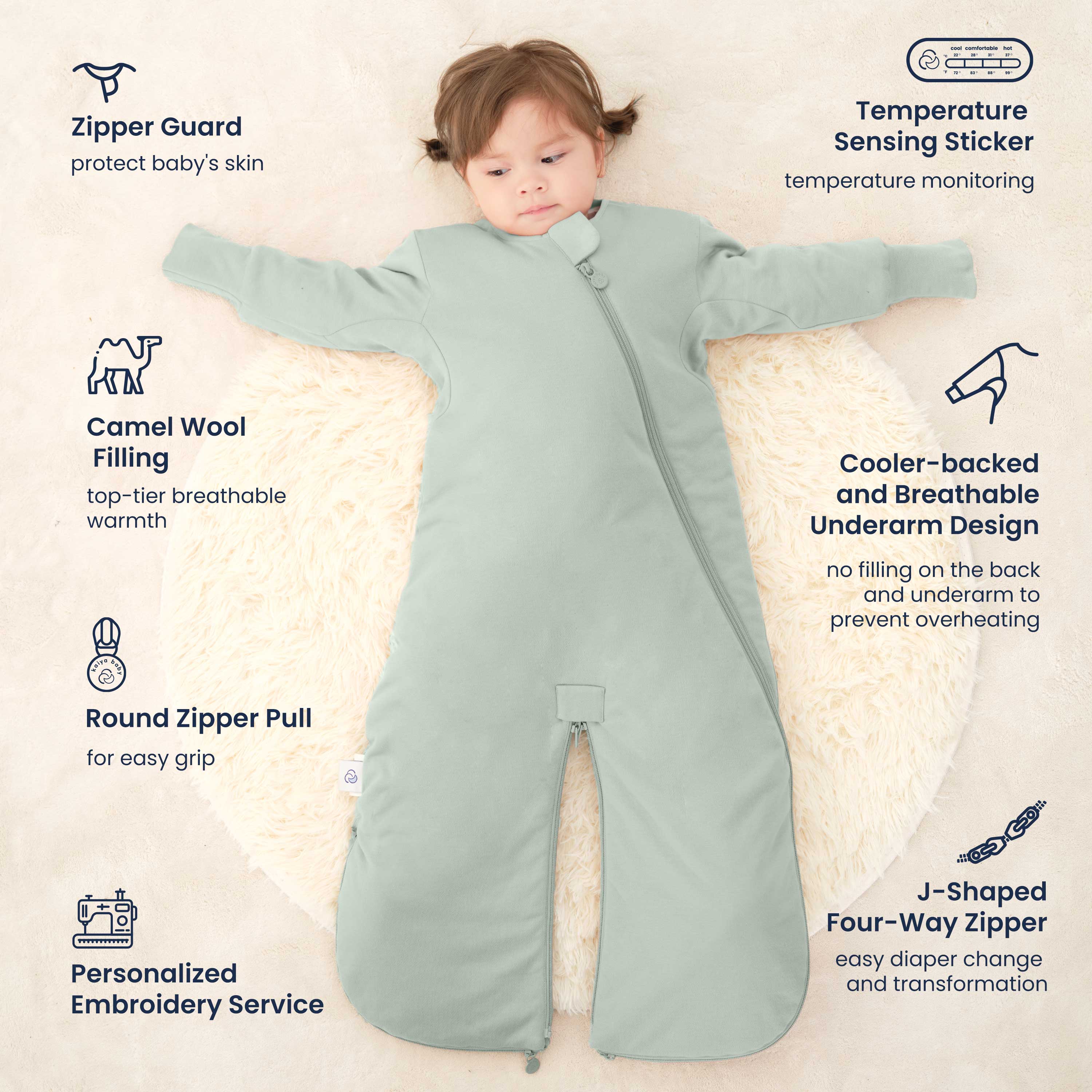 All Season Sleep Suit Sack 3-in-1 1.0 TOG - Organic Cotton & Camel Wool - Pea Green