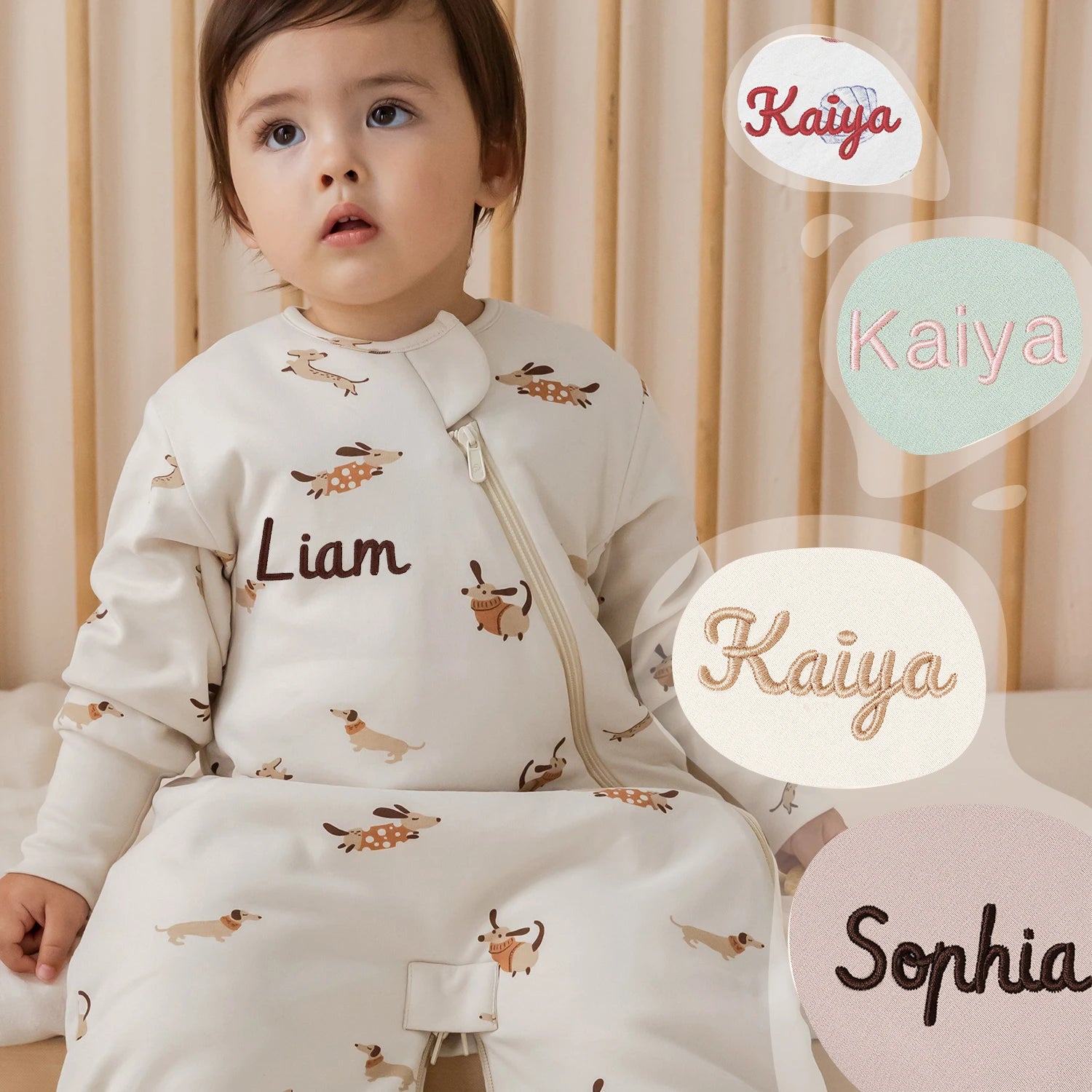 All Season Sleep Suit Sack 3-in-1 1.0 TOG - Organic Cotton & Camel Wool - Sunny Pup-embroidery