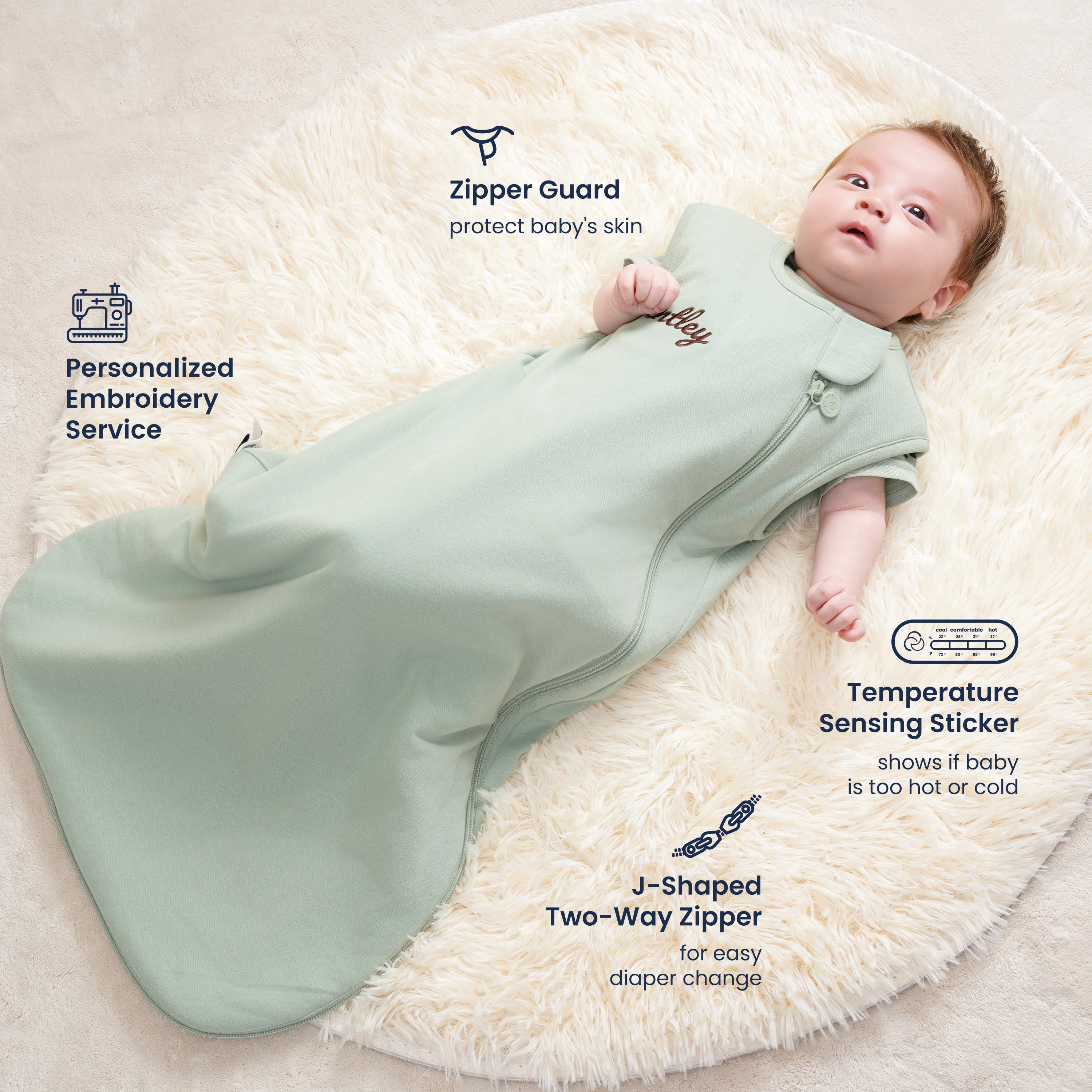All Season Sleeveless Sleep Sack 1.0 TOG - Organic Cotton & Camel Wool -Pea Green