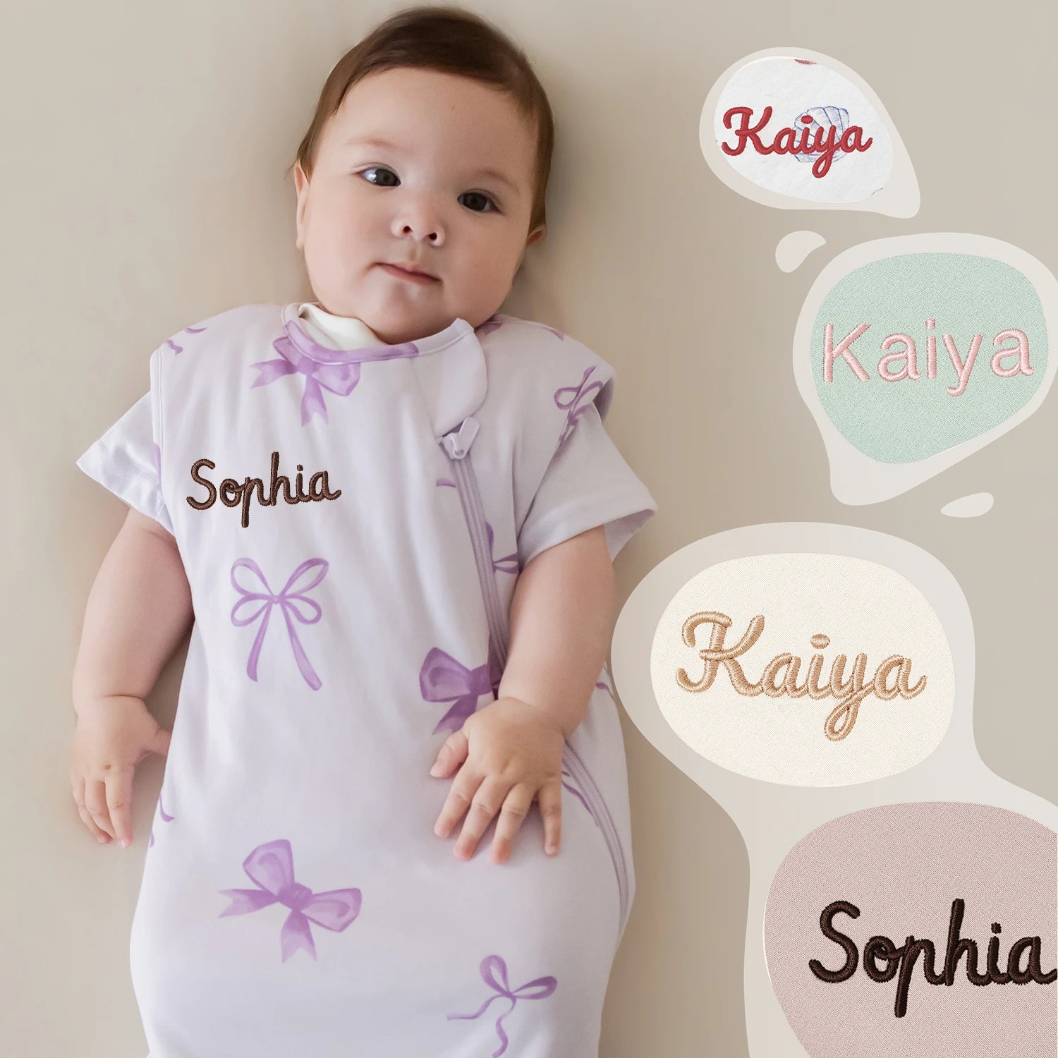 All Season Sleeveless Sleep Sack 1.0 TOG - Organic Cotton & Camel Wool - Lavender Bow embroidery