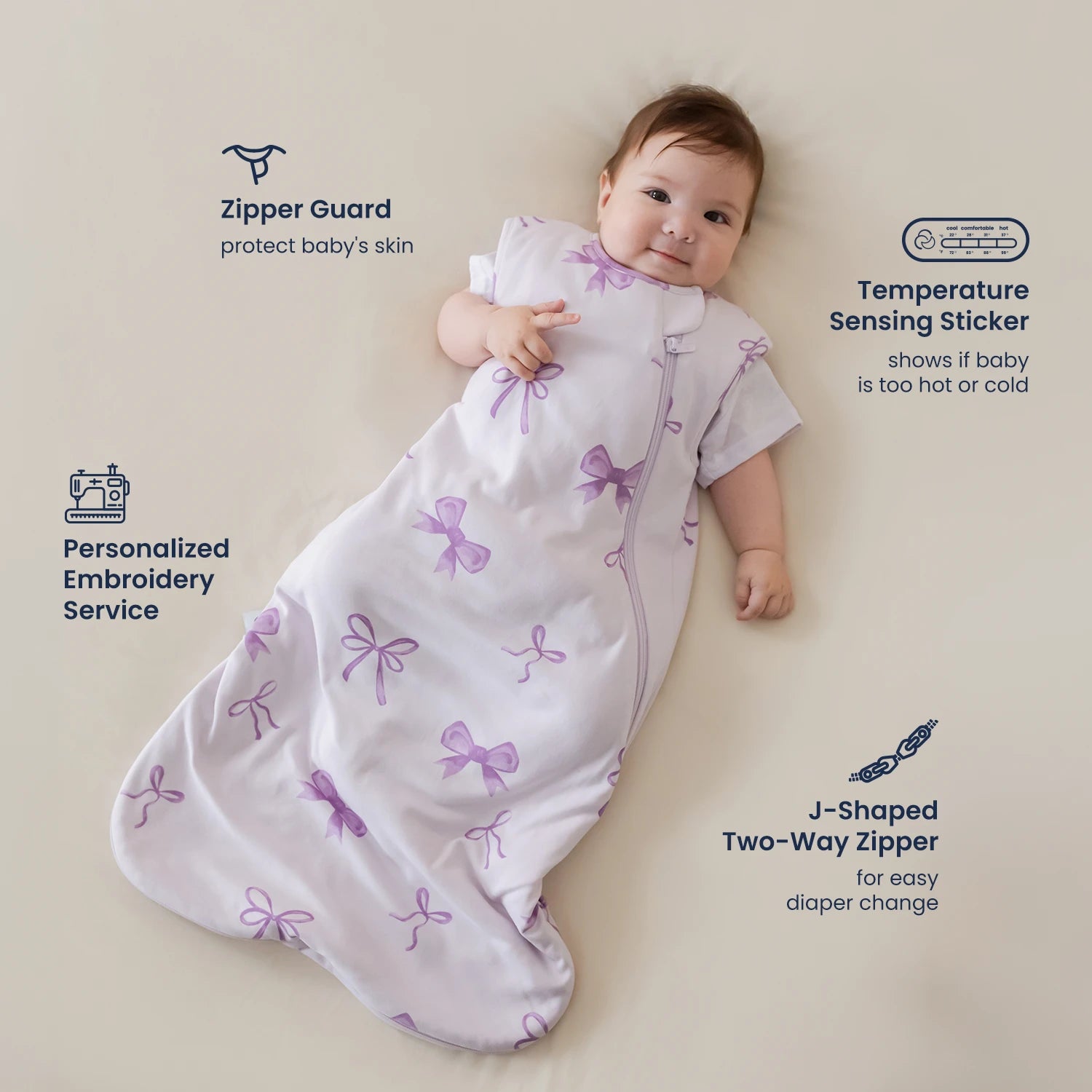 All Season Sleeveless Sleep Sack 1.0 TOG - Organic Cotton & Camel Wool - Lavender Bow