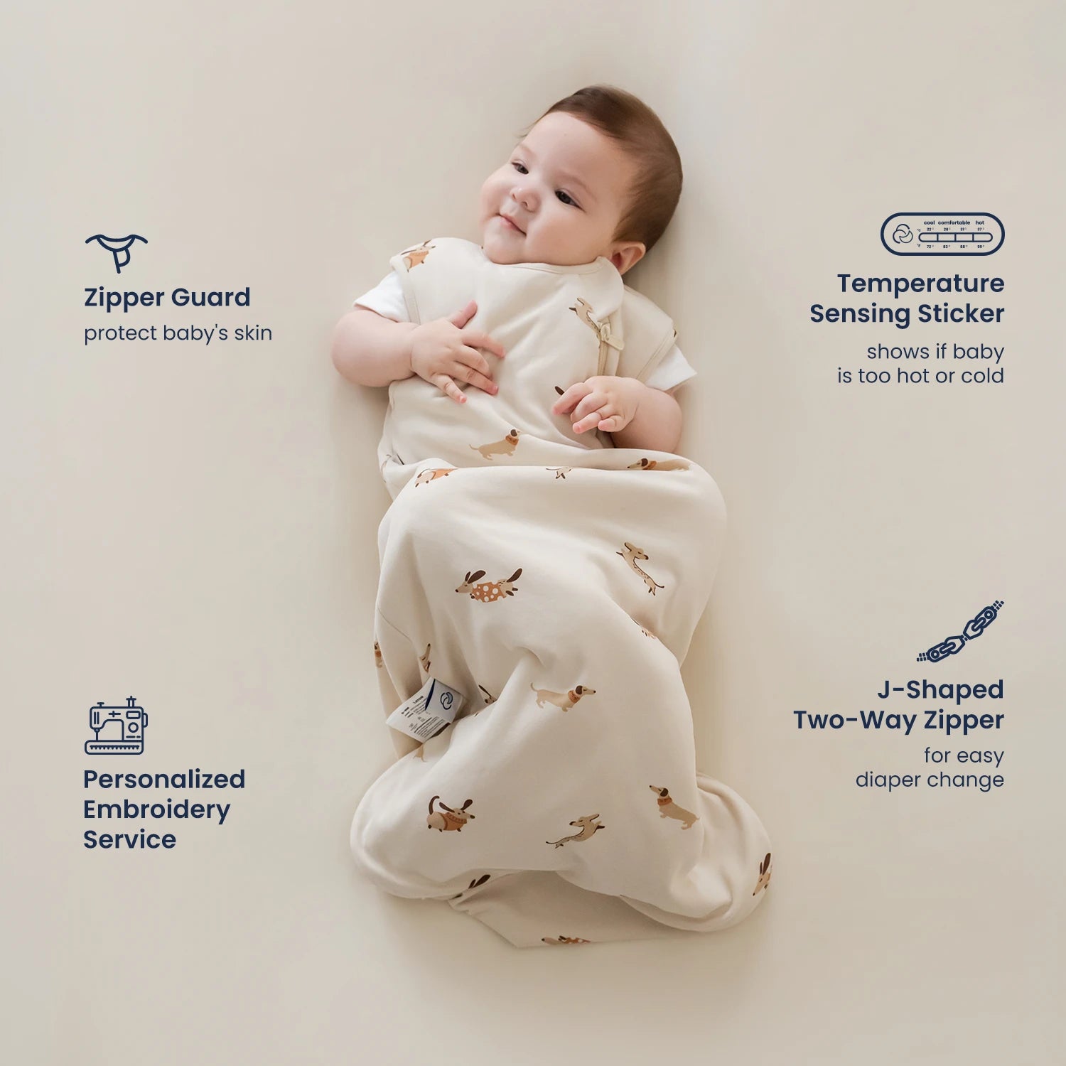 All Season Sleeveless Sleep Sack 1.0 TOG - Organic Cotton & Camel Wool - Sunny Pup design
