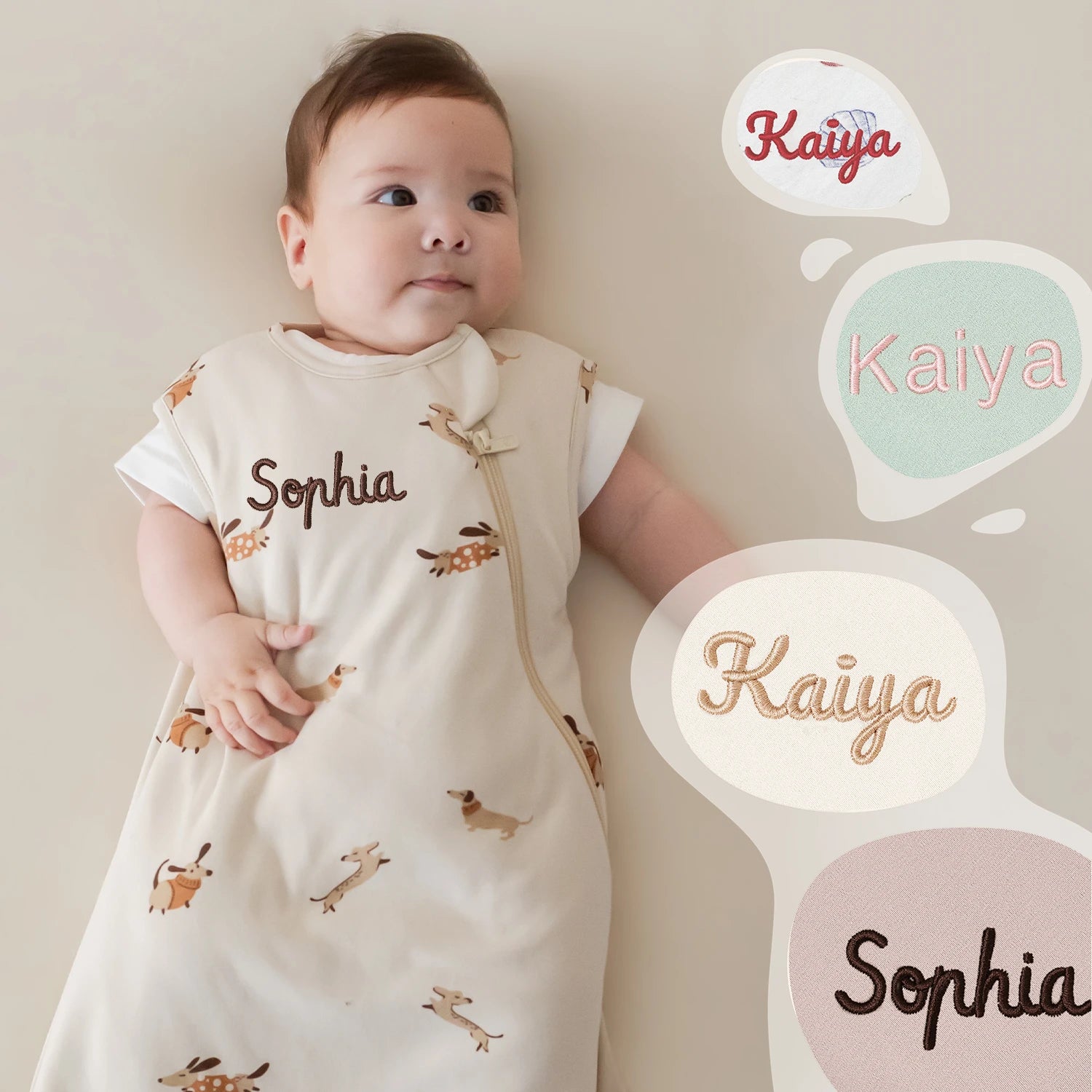 All Season Sleeveless Sleep Sack 1.0 TOG - Organic Cotton & Camel Wool - Sunny Pup embroidery