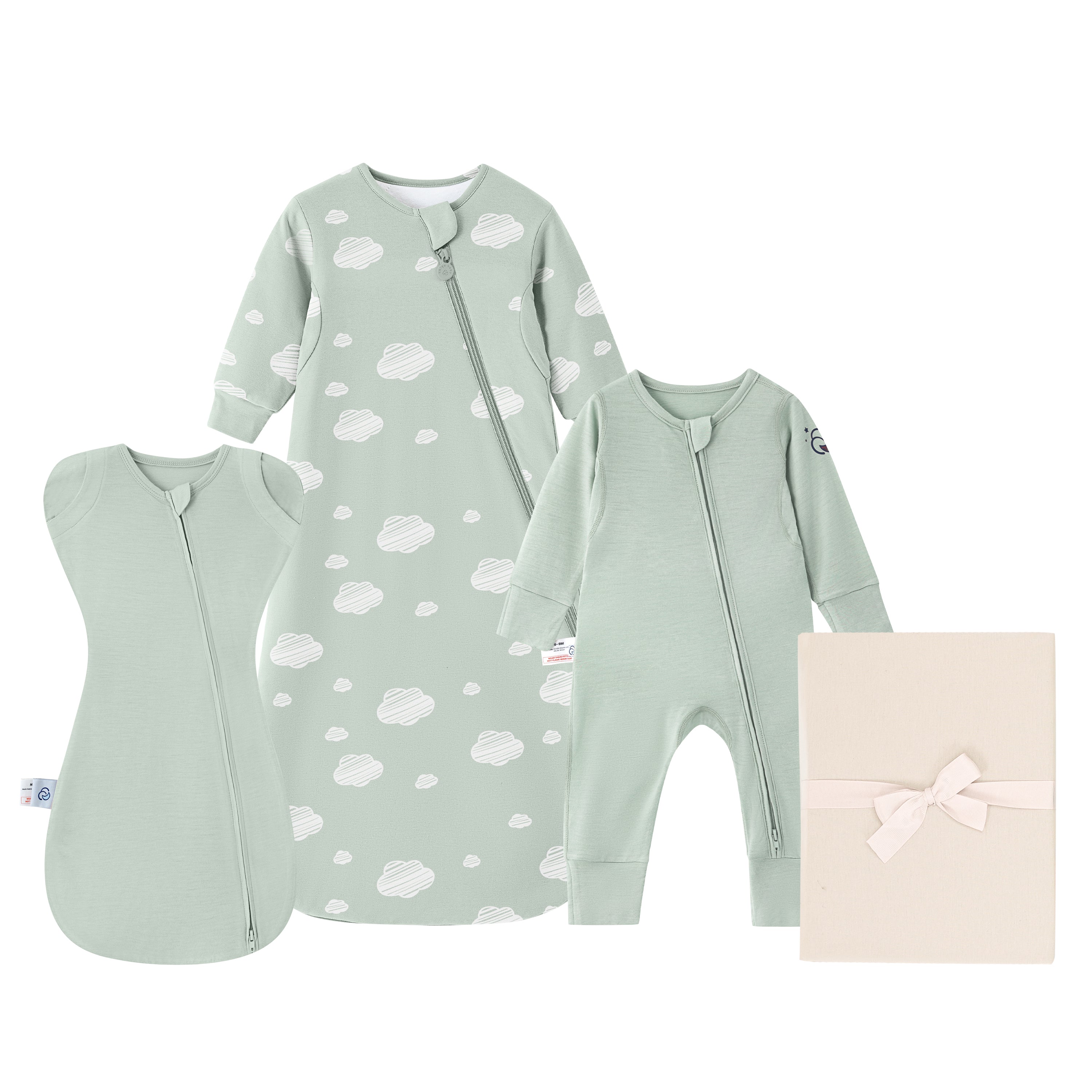 Newborn Essential Bundle - ClimaCuddle® Swaddle 2-in-1+Romper+Camel Wool Sleep Sack+Crib Sheet  -Green Sky