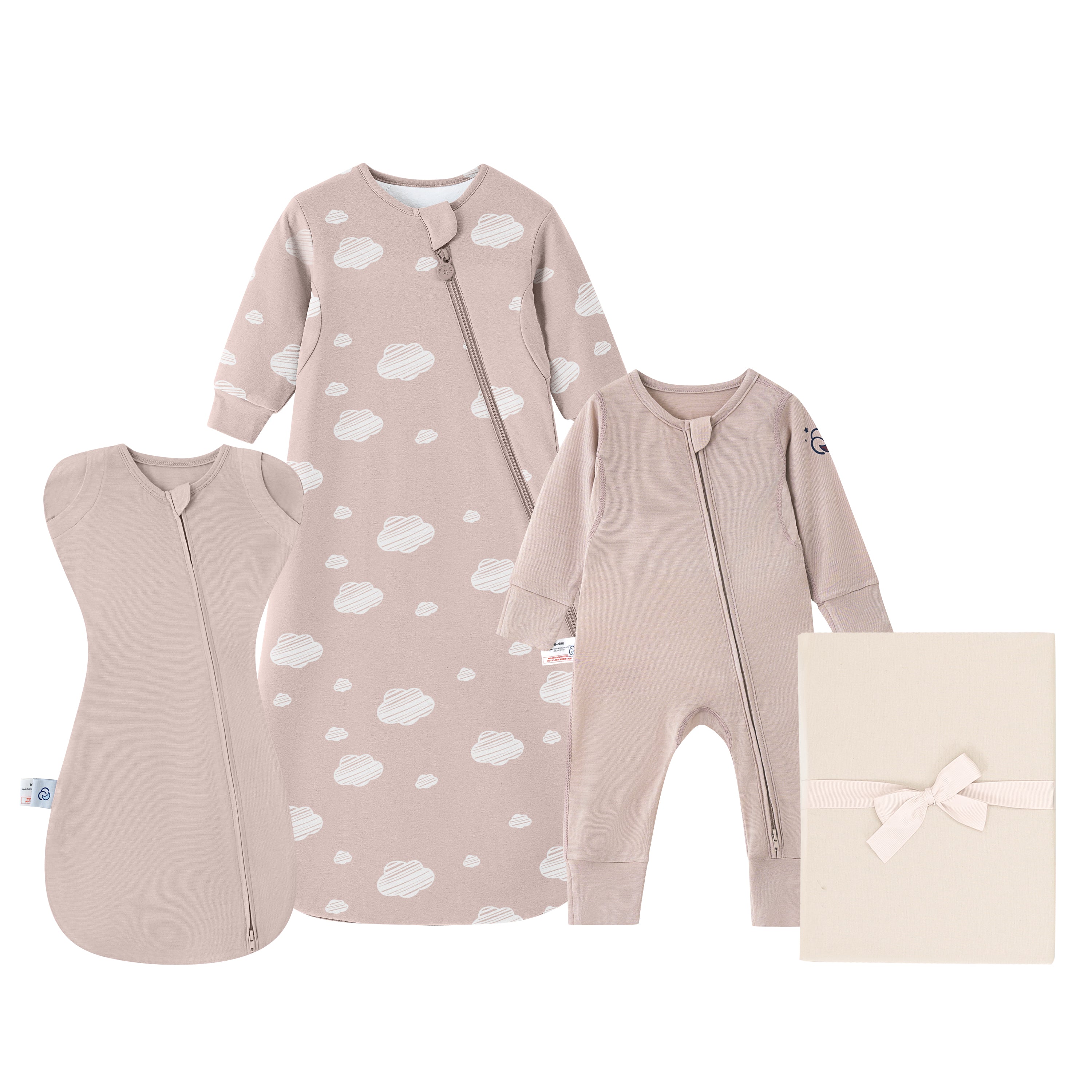 Newborn Essential Bundle - ClimaCuddle™ Swaddle 2-in-1+Romper+Camel Wool Sleep Sack+Crib Sheet-Green Sky