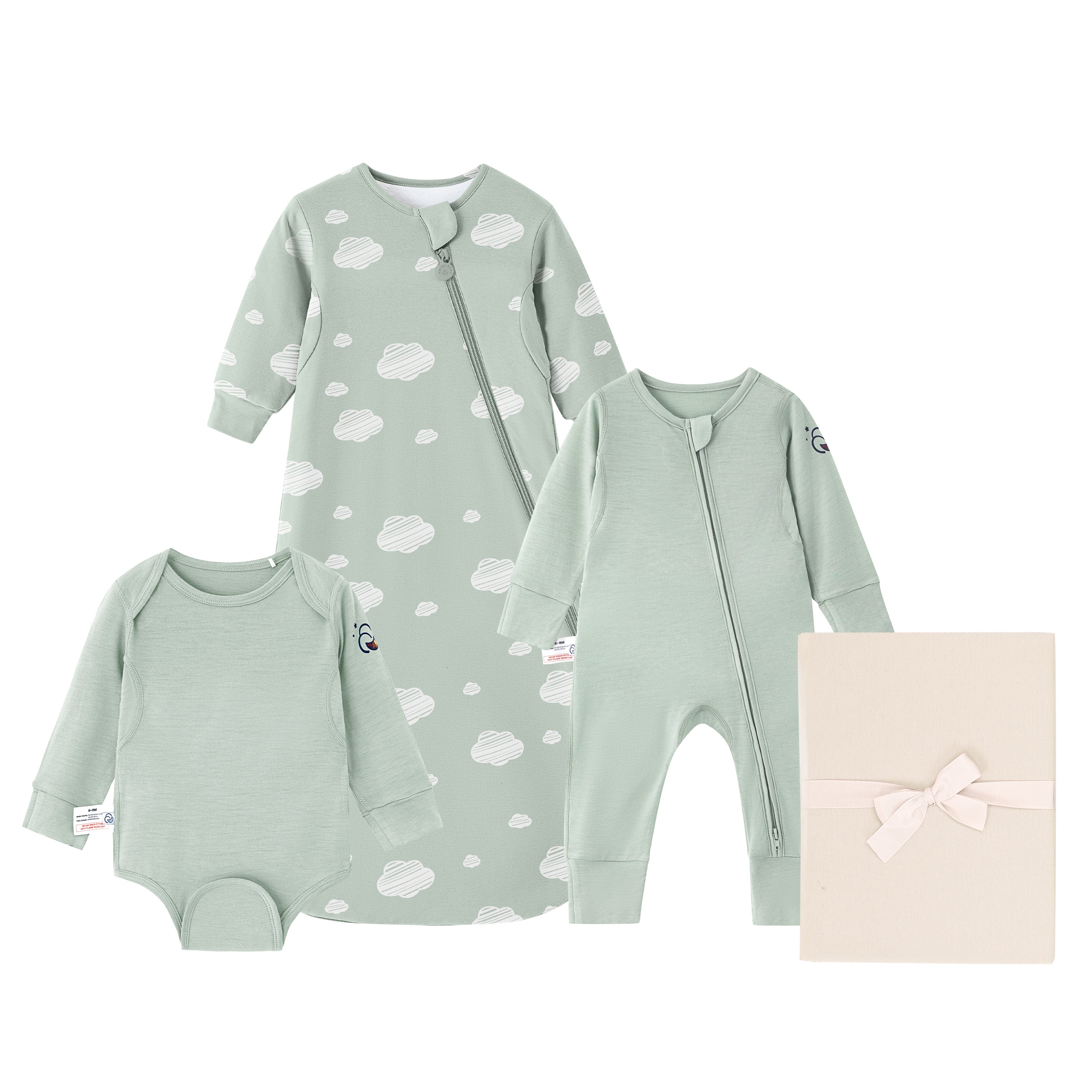 Newborn Bundle-ClimaCuddle® Bodysuit+Romper+Camel Wool Sleep Sack+Crib Sheet -Green Sky