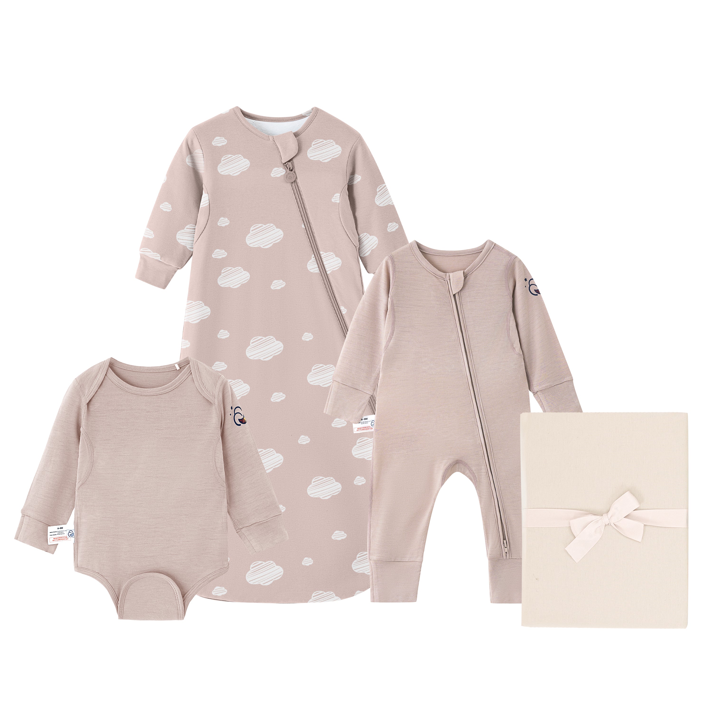 Newborn Bundle-ClimaCuddle™ Bodysuit+Romper+Camel Wool Sleep Sack+Crib Sheet - Pink Sky