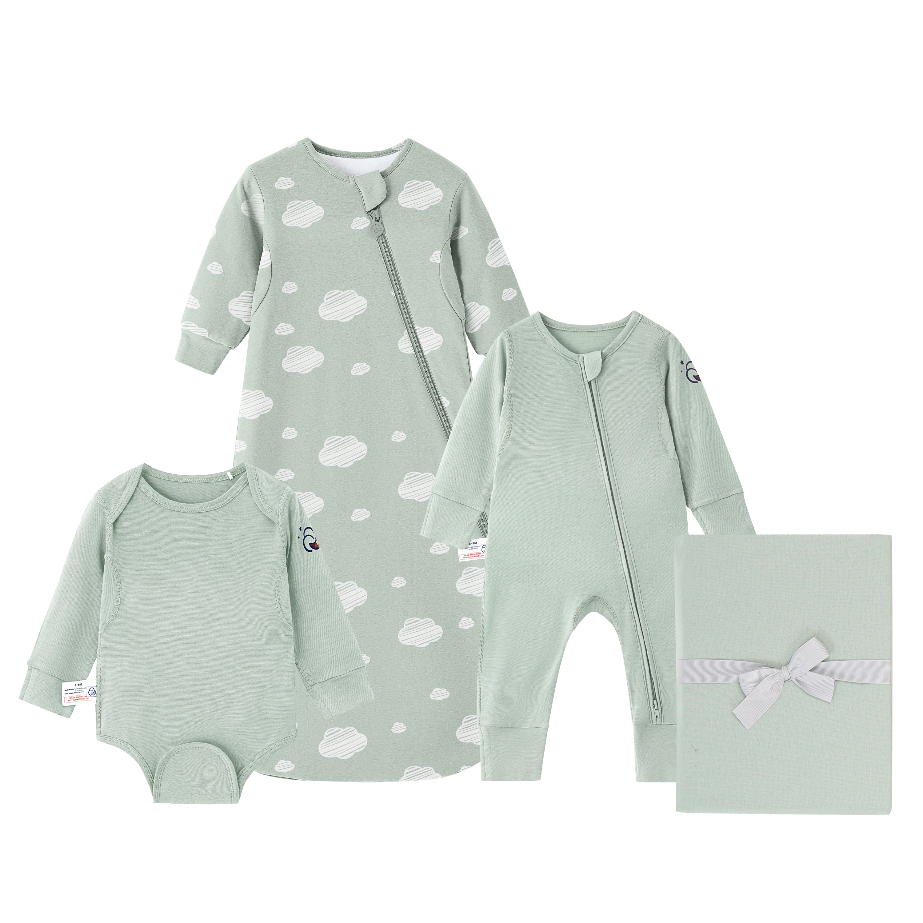 Newborn Bundle-ClimaCuddle™ Bodysuit+Romper+Camel Wool Sleep Sack+Crib Sheet -Green Sky