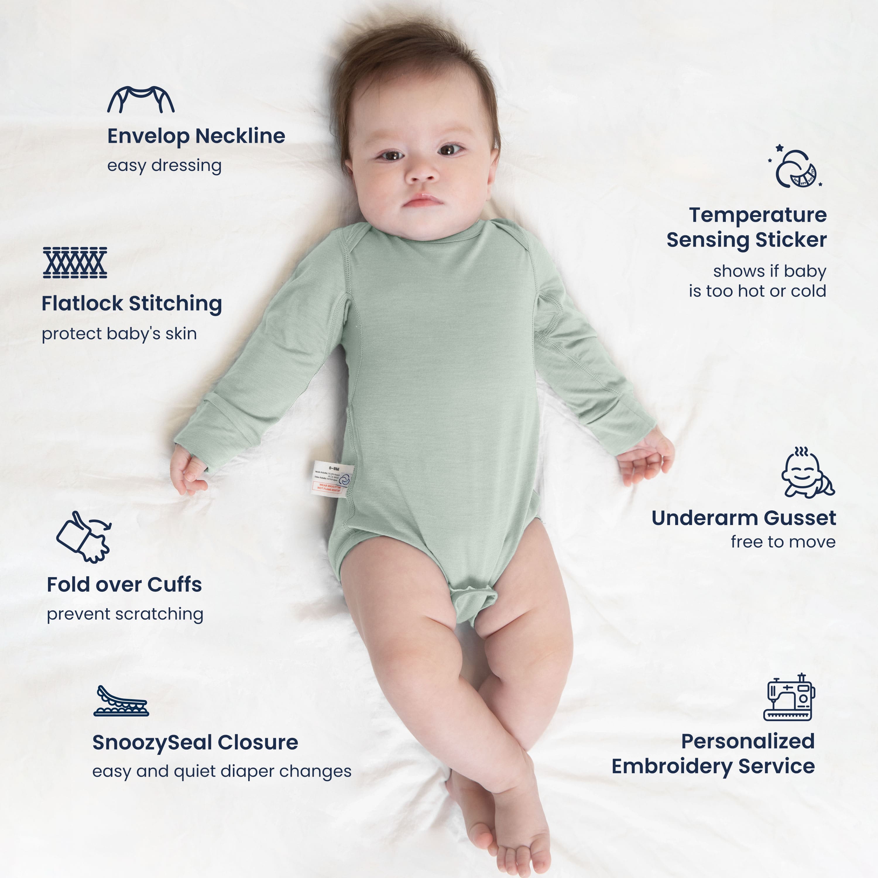 ClimaCuddle Baby Bodysuit Long Sleeve - Merino Wool & Rayon Bamboo - Pea Green Feature