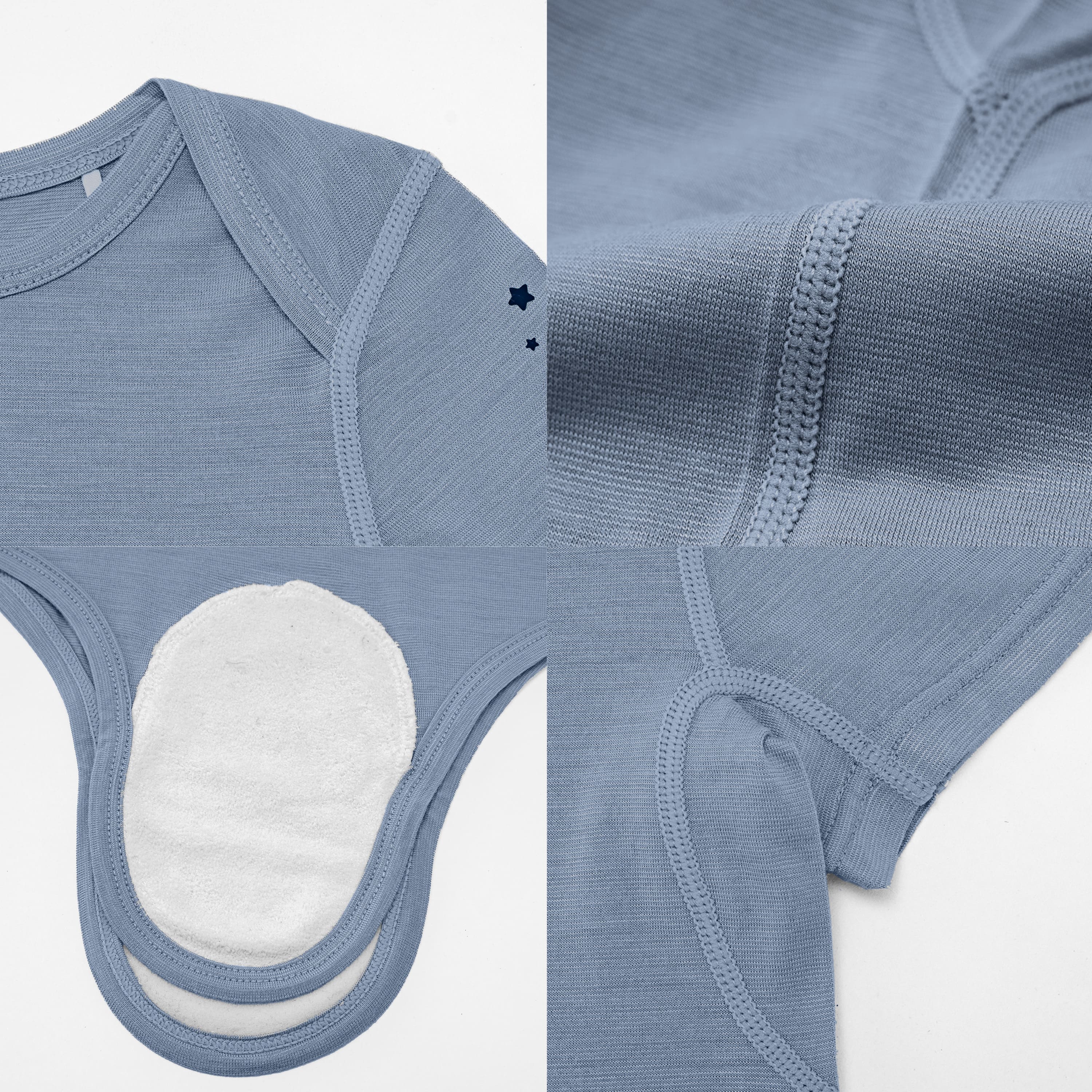 ClimaCuddle Baby Bodysuit Short Sleeve - Wool & Rayon Bamboo - Misty Blue Detail