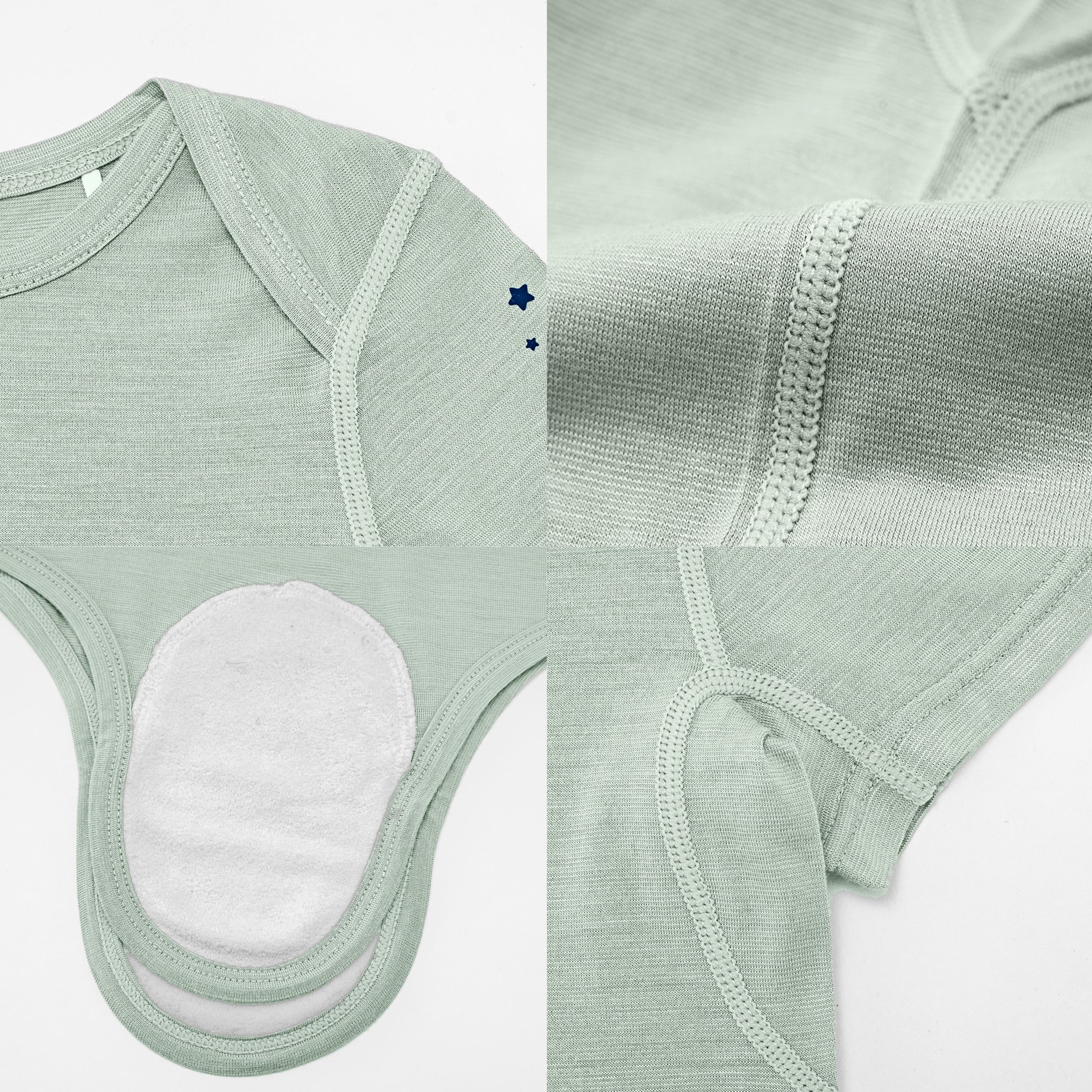 ClimaCuddle Baby Bodysuit Short Sleeve - Wool & Rayon Bamboo - Pea Green Detail