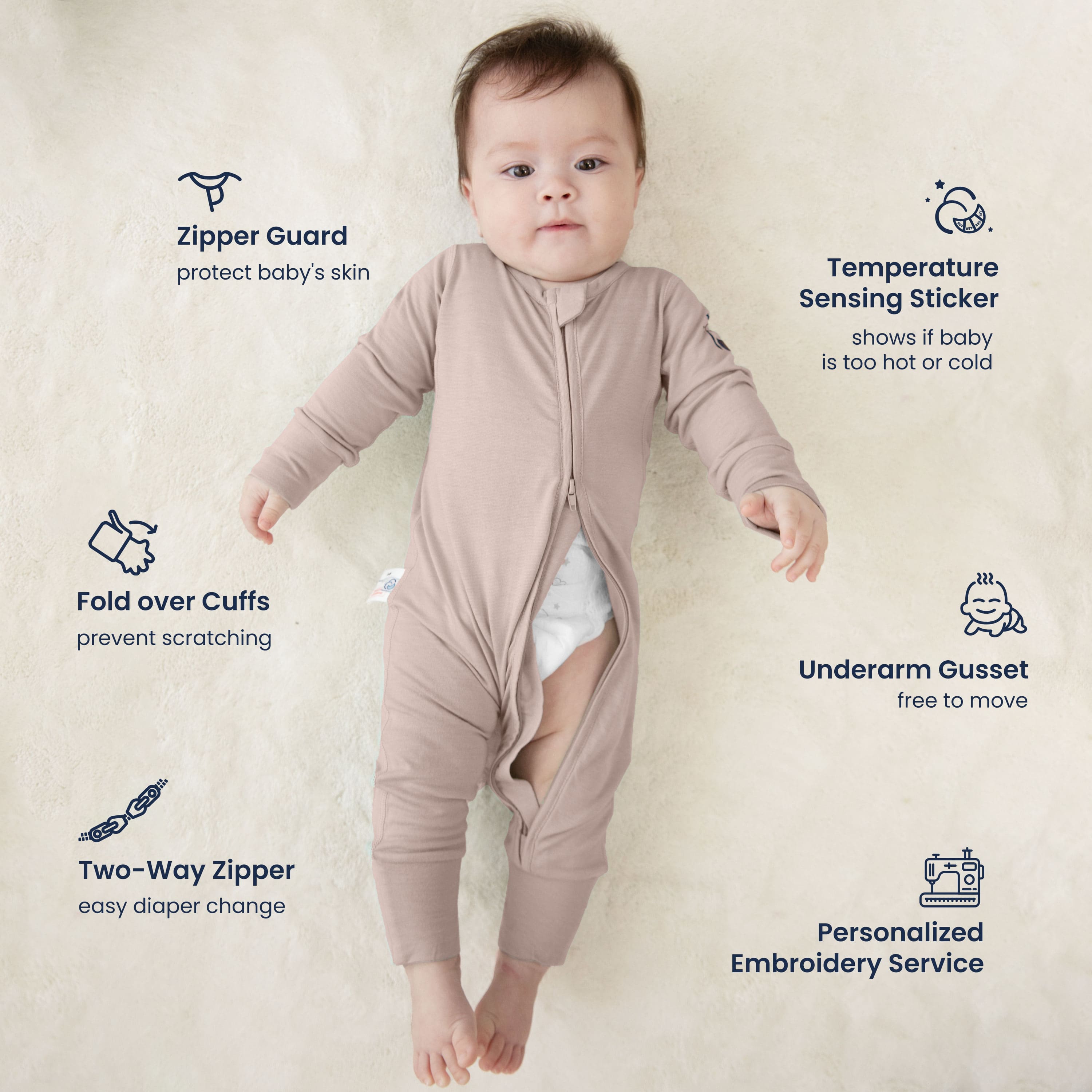 ClimaCuddle Zipped Baby Romper - Merino Wool & Rayon Bamboo - Dusty Pink Features