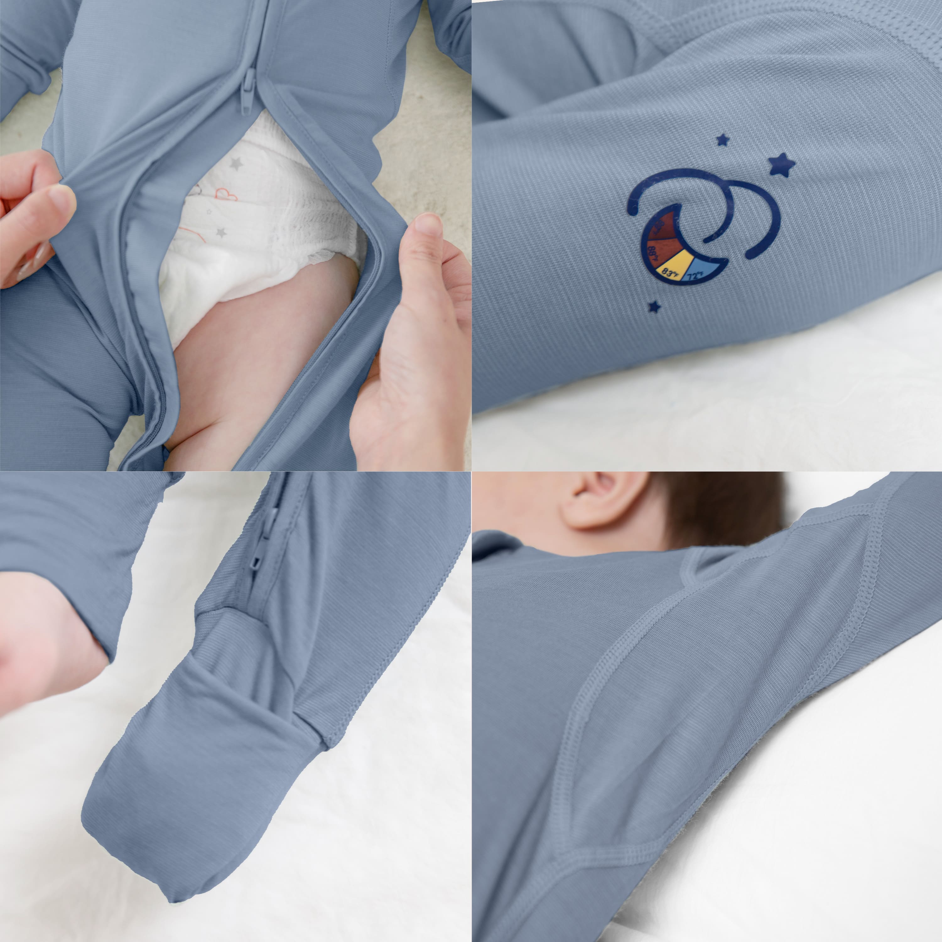 ClimaCuddle Zipped Baby Romper - Merino Wool & Rayon Bamboo - Misty Blue Detail