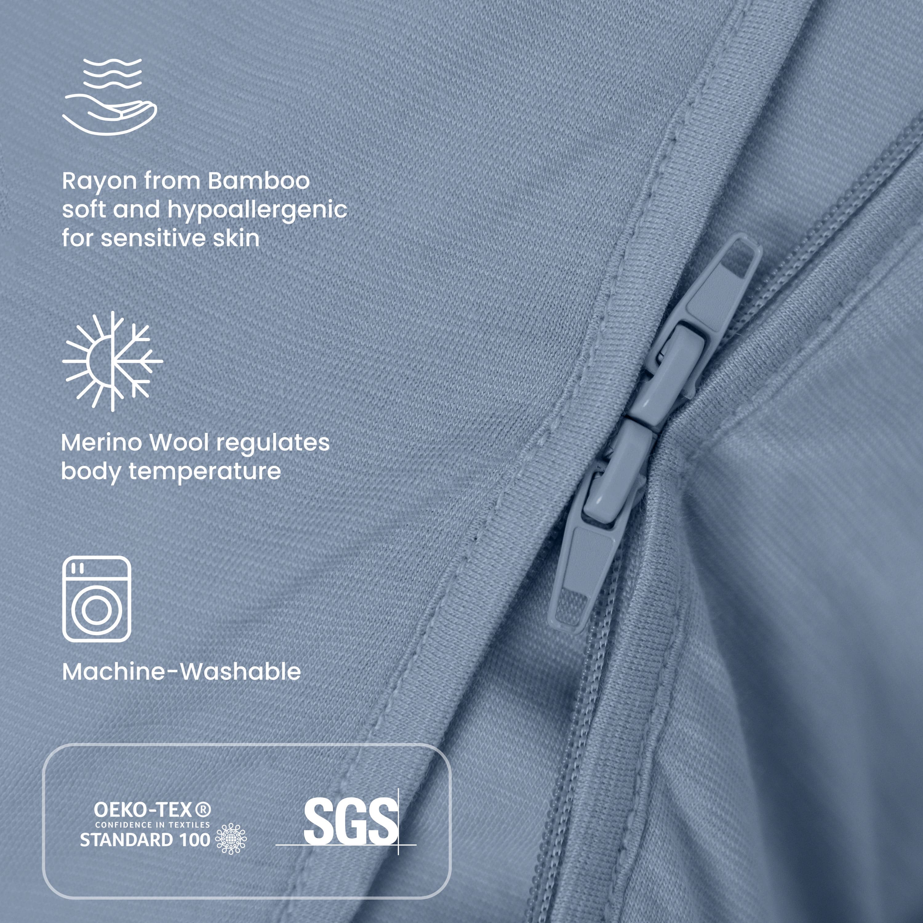ClimaCuddle Zipped Baby Romper - Merino Wool & Rayon Bamboo - Misty Blue Certification