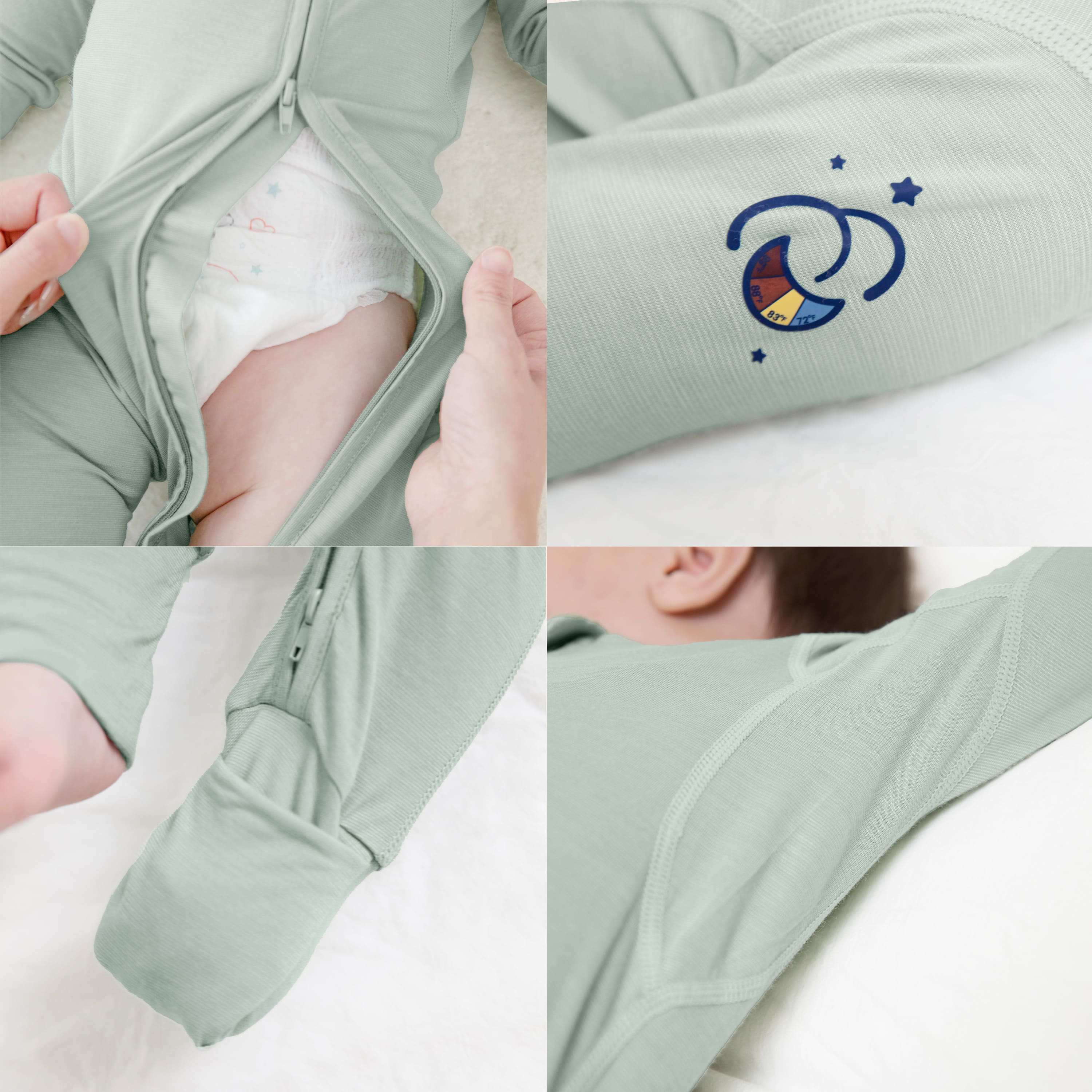 ClimaCuddle Zipped Baby Romper - Merino Wool & Rayon Bamboo - Pea Green Detail