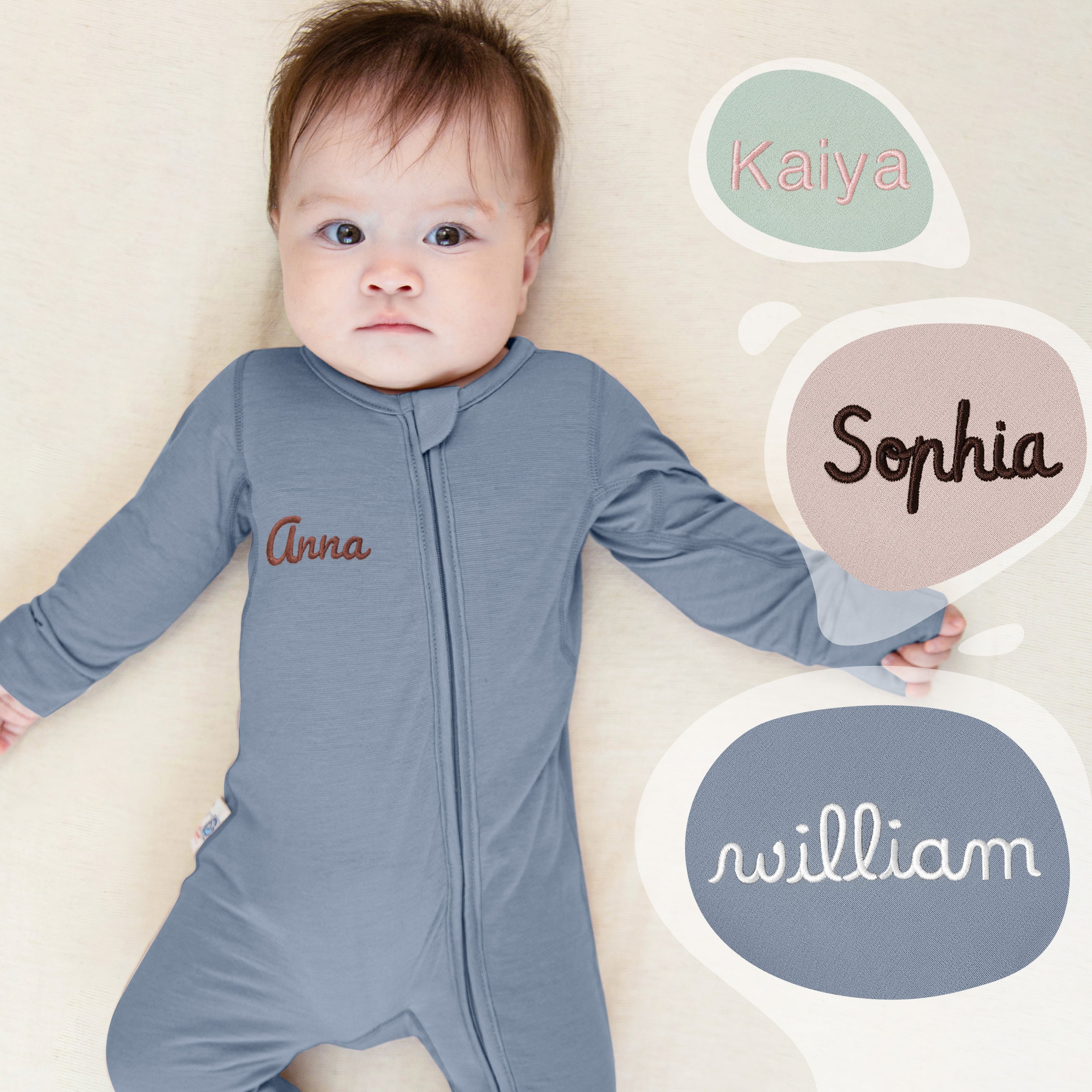 ClimaCuddle-Zipped-Baby-Romper-Merino-Wool-Rayon-Bamboo-green-Embroidery-blue