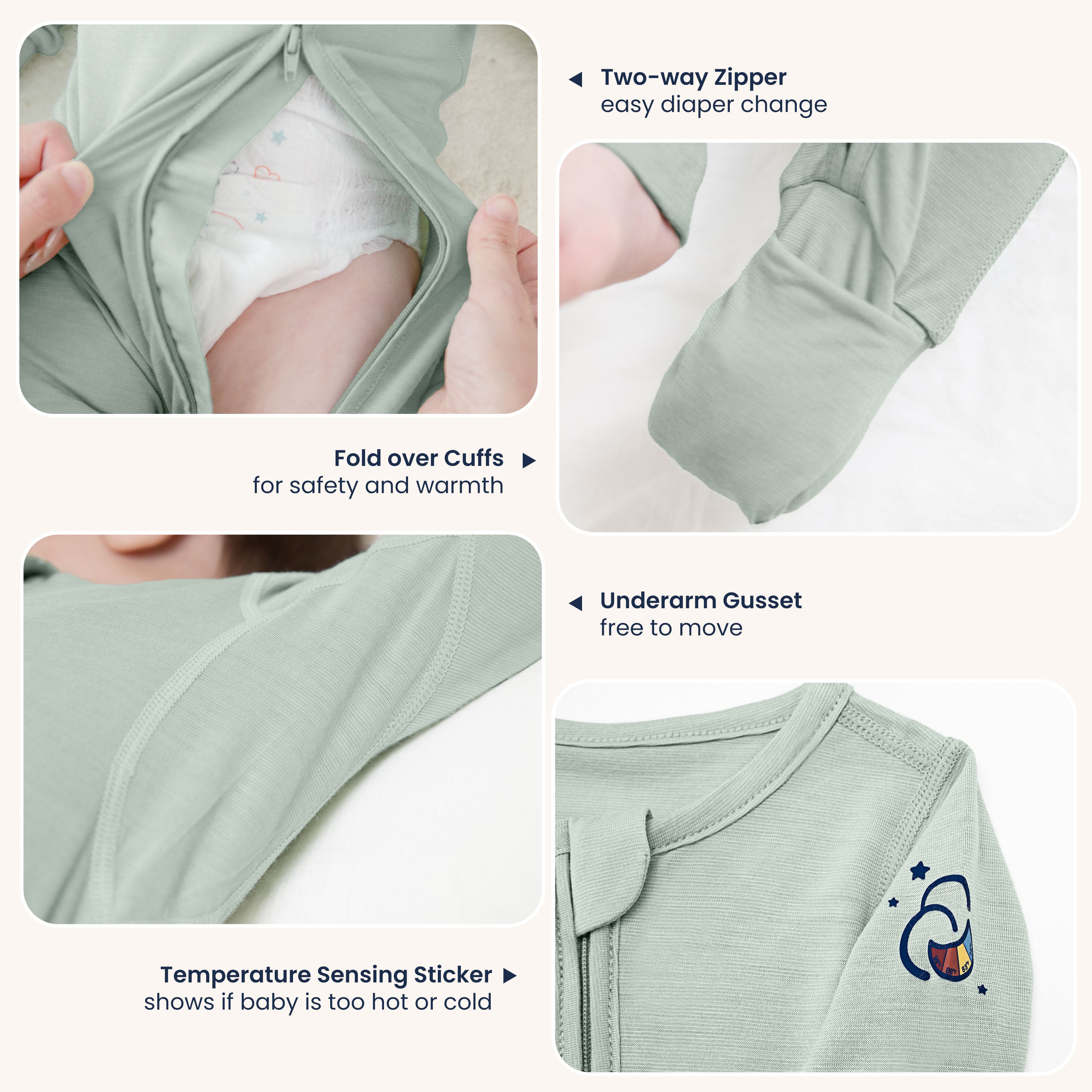 ClimaCuddle™ Zipped Baby Romper - Merino Wool & Rayon Bamboo  - Pea Green