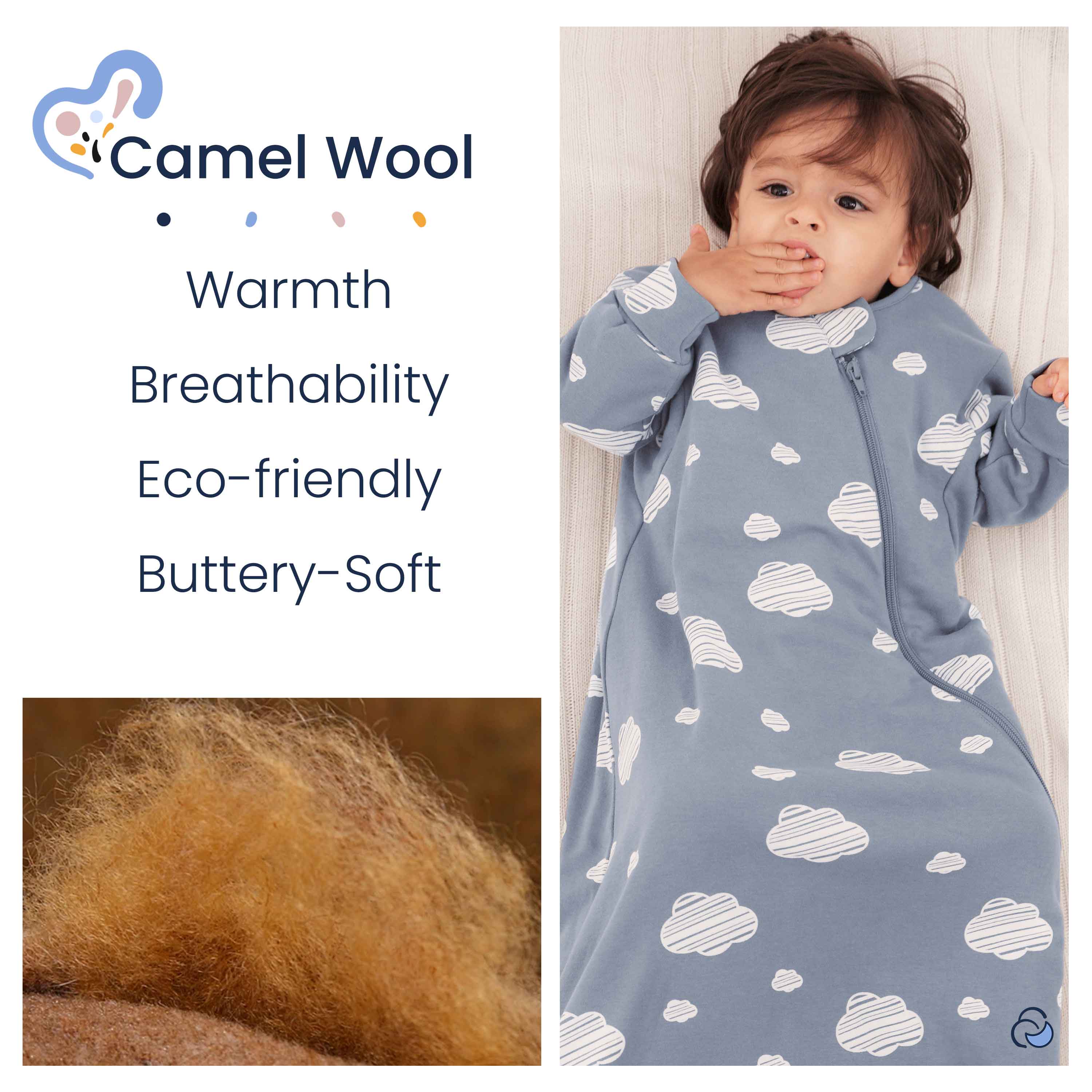 Organic Cotton & Camel Wool Long Sleeve Sleep Sack 1.0 TOG - Blue Sky