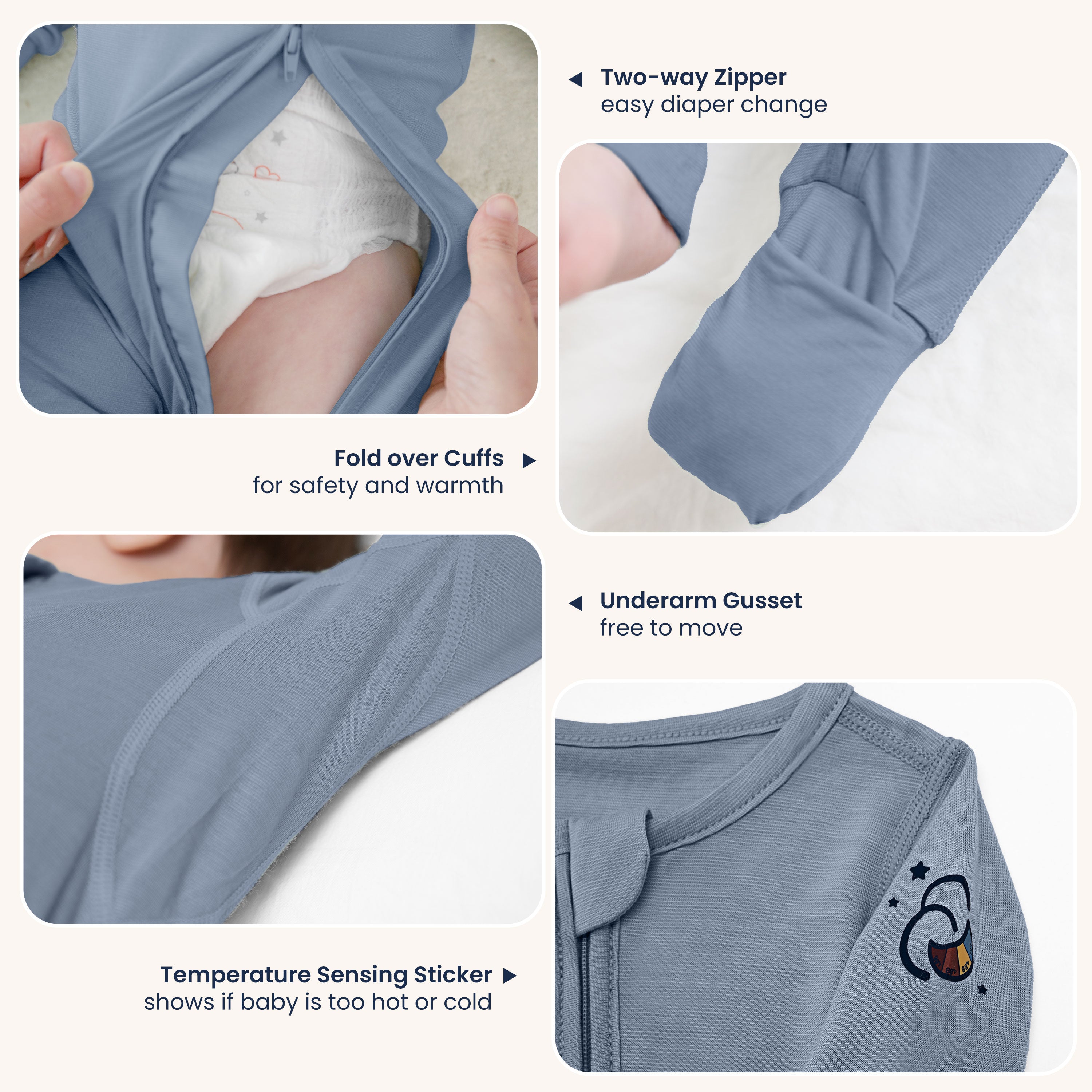 All Season Long Sleeve Sleep Sack  1.0 TOG - Organic Cotton & Camel Wool+ClimaCuddle™ Zipped Baby Romper Blue