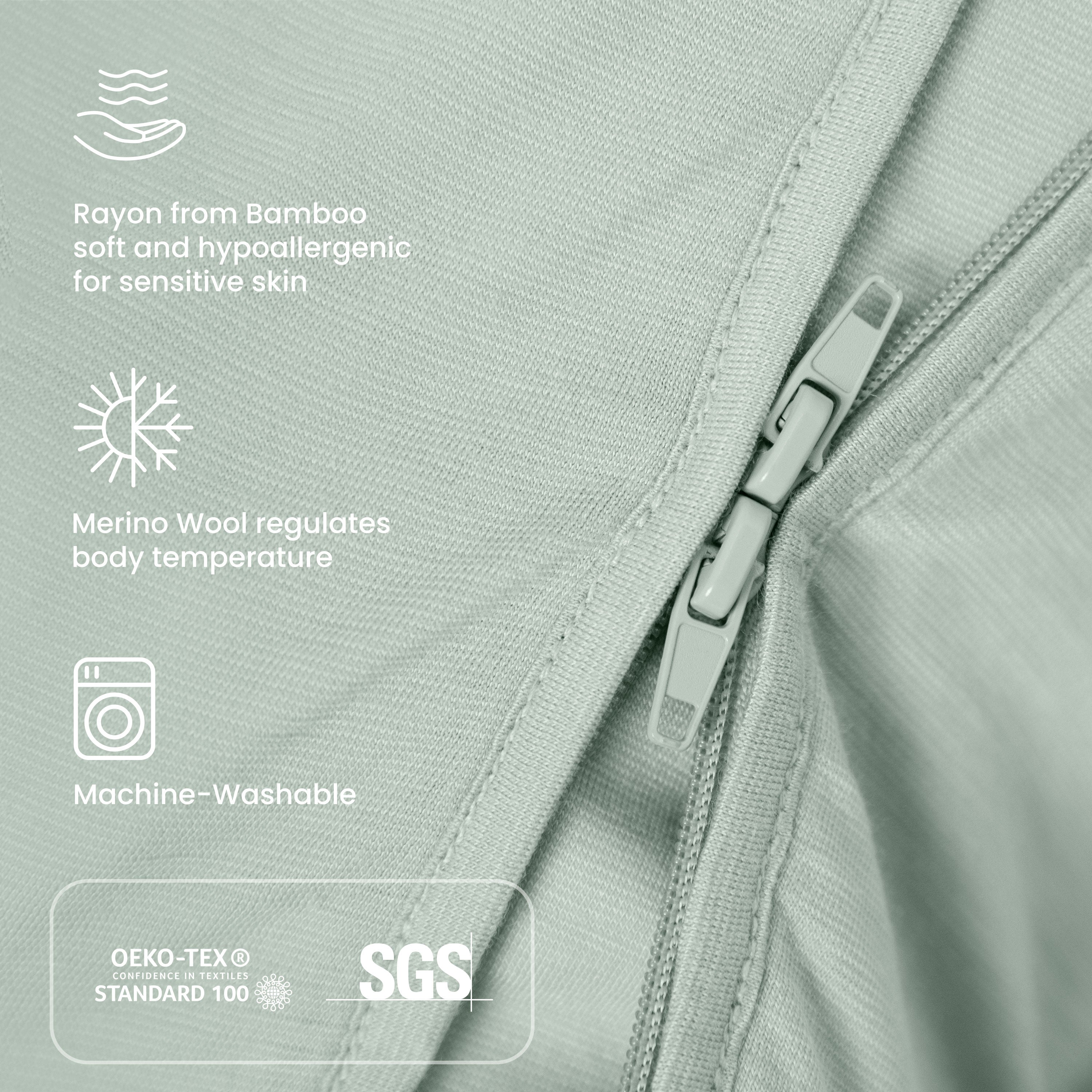 All Season Long Sleeve Sleep Sack  1.0 TOG - Organic Cotton & Camel Wool+ClimaCuddle™ Zipped Baby Romper Green