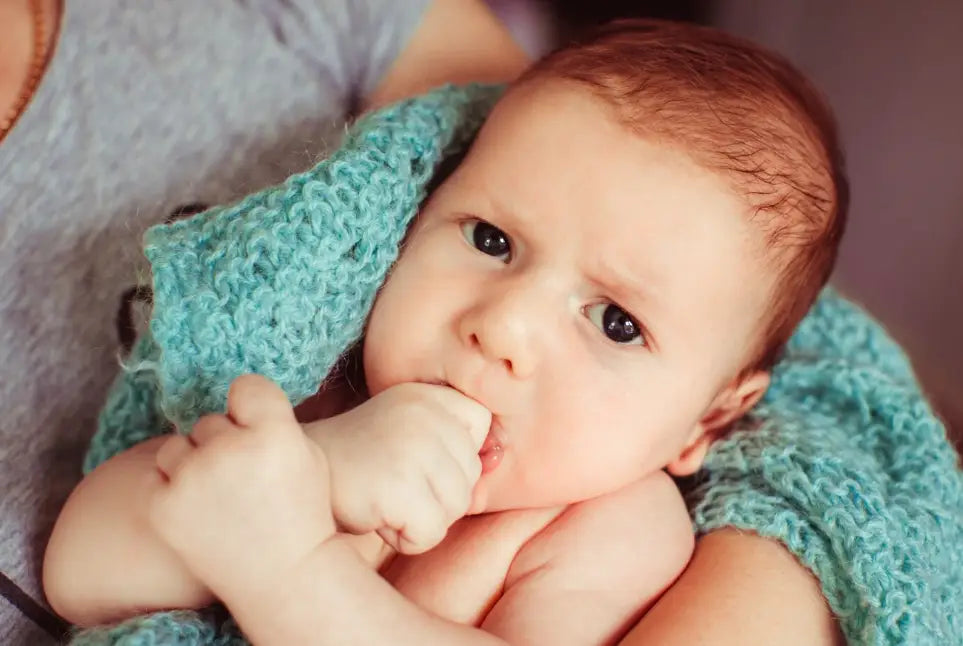 Little boy baby lies in his mother's arm