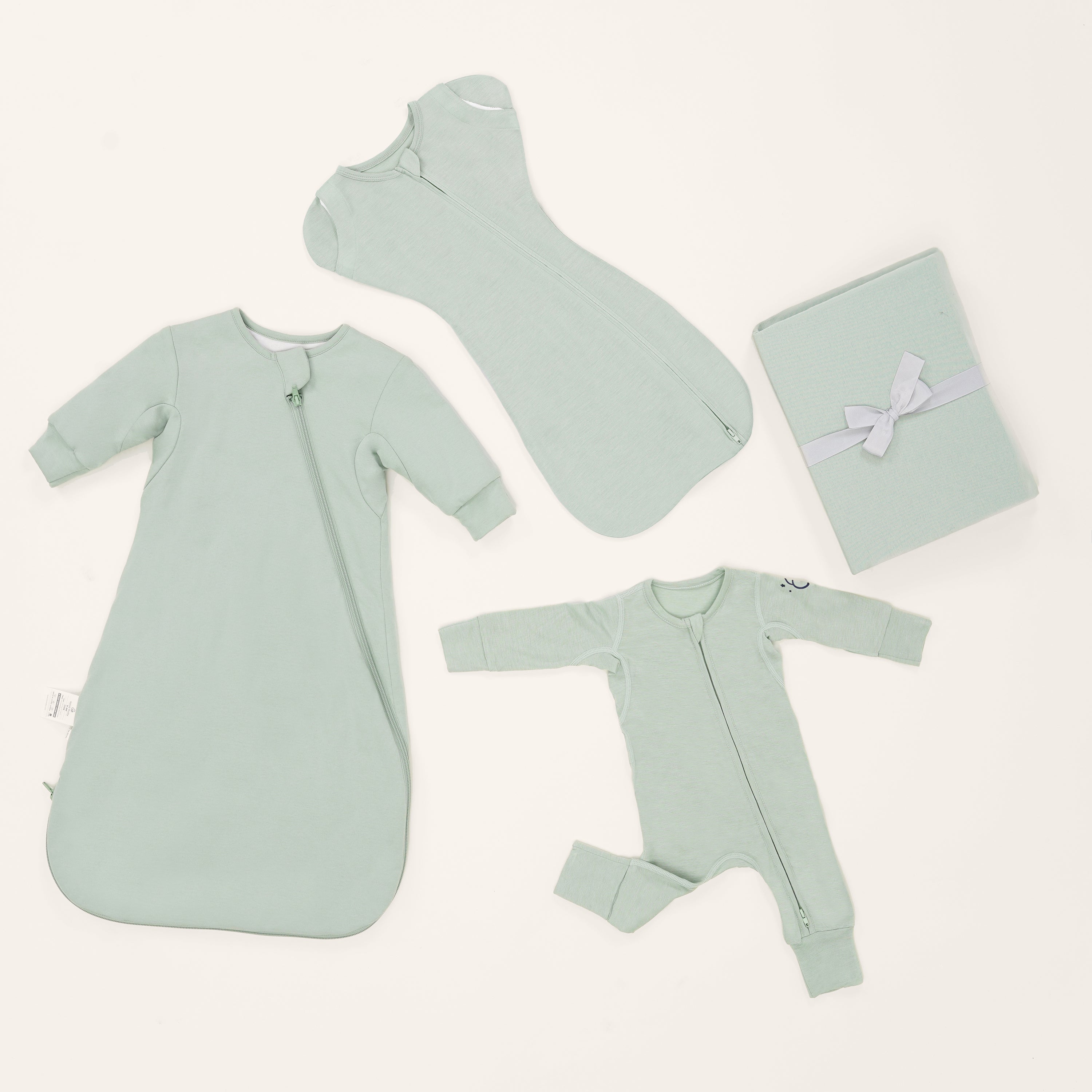 Newborn Essential Bundle - ClimaCuddle™ Swaddle 2-in-1+Romper+Camel Wool Sleep Sack+Crib Sheet - Green