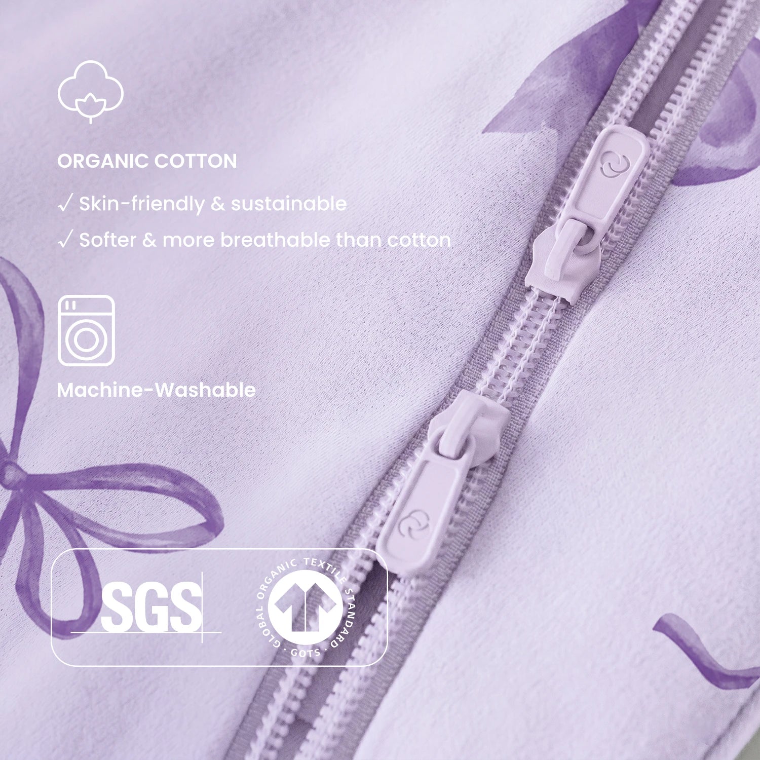 Organic Long Sleeve Sleep Sack 0.5 TOG - Lavender Bow GOTS