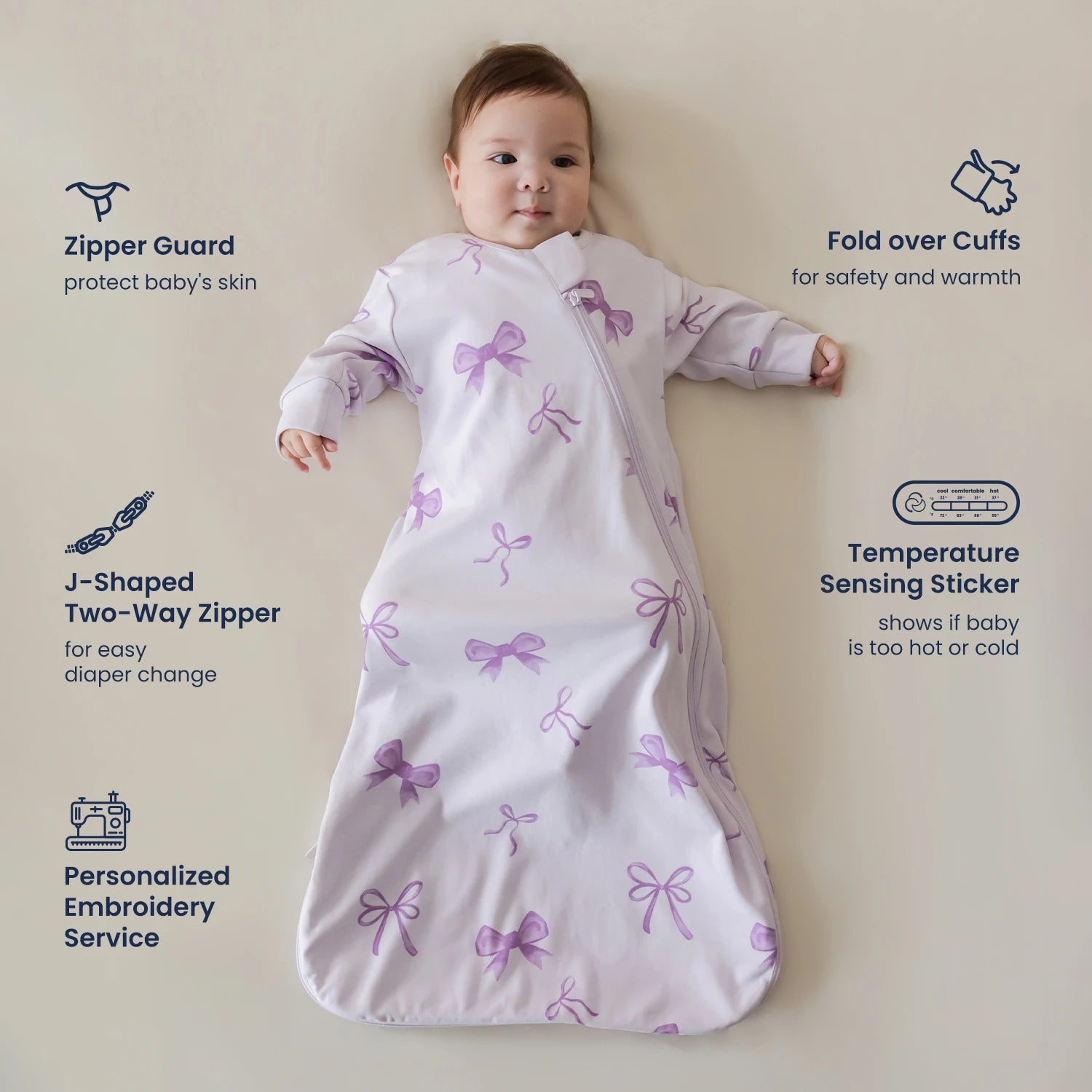 Organic Long Sleeve Sleep Sack 0.5 TOG - Lavender Bow design